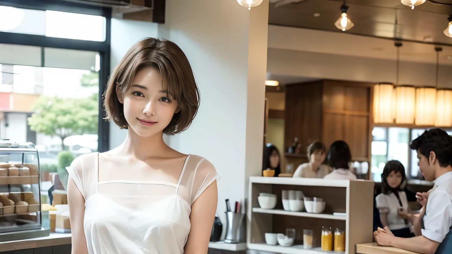 super high quality, smile, Slenderのネックレス, Slender, Gravure photoshoot, The staff is working at the counter in the back., (8k、RAW Photos、Highest quality、masterpiece:1.2), Japanese Idol, Stylish café, Fashion magazine photoshoot, (Realistic、Photorealistic:1.37), Mesh Hair, Urban Cafe, Golden Ratio, Raw photo, Cute face , Light Brown Hair, Small breasts, Bright cafe interior, Blurred Background, Beauty salon model, Summer clothes, Cafe Terrace, Open Cafe, Photographed inside the cafe, Hair blowing in the wind, Neat clothes, boyish, Very Short Hair, 18-year-old, Stylish clothes, 
