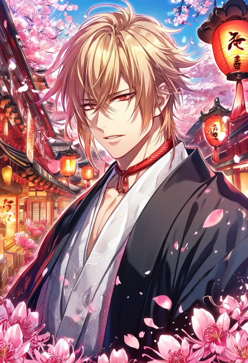 absurd resolution, high resolution, ultra detailed, detailed eyes, extremely detailed, HDR, 8K, Kazama Chikage, honey blonde hair, expressive red eyes, Hakuouki, solo, sexy man, handsome, black haori, white kimono, red collar, fantasy, cool, magical, pink glittering butterflies, pink dust flying around, pink spider lilies, pink petals, pink lanterns, Japanese ambiance, cherry blossoms