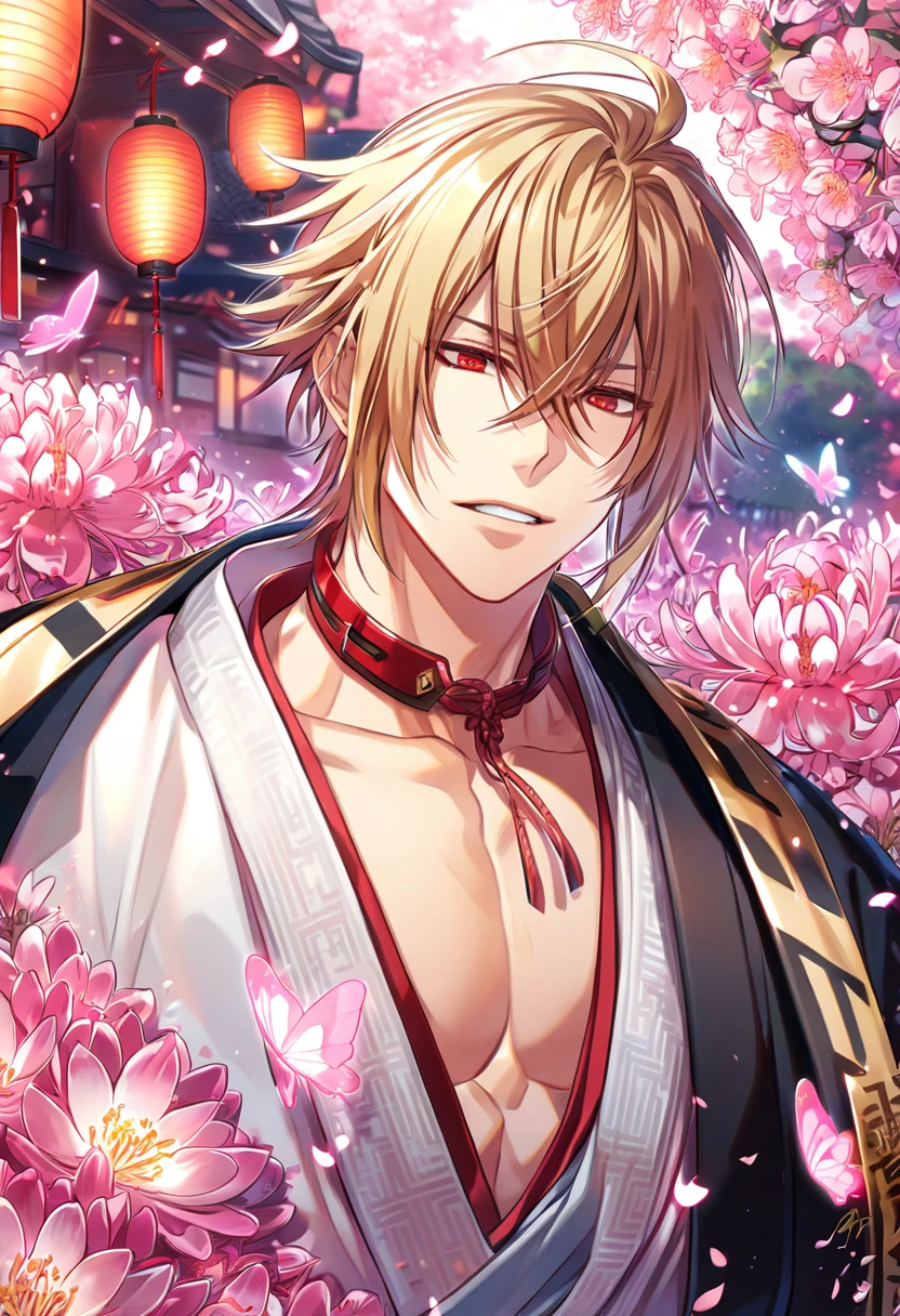 absurd resolution, high resolution, ultra detailed, detailed eyes, extremely detailed, HDR, 8K, Kazama Chikage, honey blonde hair, expressive red eyes, Hakuouki, solo, sexy man, handsome, black haori, white kimono, red collar, fantasy, cool, magical, pink glittering butterflies, pink dust flying around, pink spider lilies, pink petals, pink lanterns, Japanese ambiance, cherry blossoms