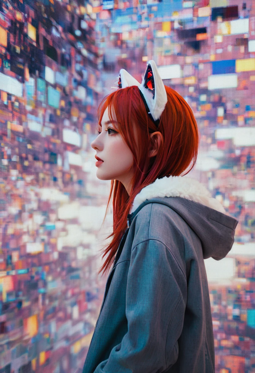 (masterpiece, Top quality, best quality, Official Art, beautiful and aesthetic:1.2), 1 Girl, Red hair, Cat ears, (Glitch Art), (Digital Distortion), Pixelate fragments, Data corruption,Colored Noise, Visual confusion,Contemporary Aesthetics