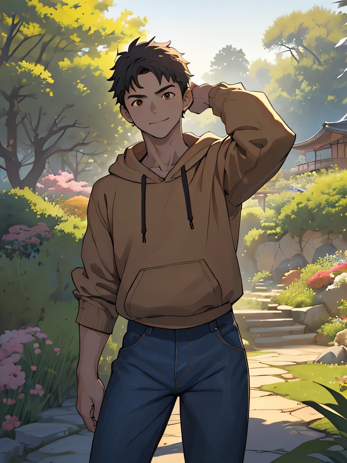 ((masterpiece)), ((best quality)), (ultra-detailed), (((((Garden of Japan house, Not in the shade, Landscape, cowboy shot))))), (8k, ultra-detailed, 1boy, solo,  boy, worm eyes, Natural smile), Young boy, ((((Height: 168cm, 6.5 heads, baby face, face, ruddy skin, Toned body)))), (Black Short straight hair, brown eyes), Vivid colors, ((A loose fitting plain hoodie, The sleeves reach to the elbows), Denim trousers)