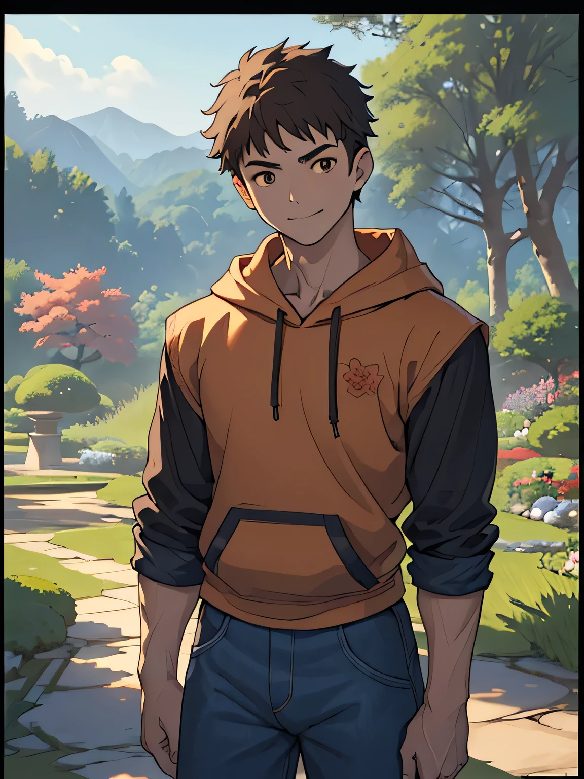 ((masterpiece)), ((best quality)), (ultra-detailed), (((((Garden of Japan house, Not in the shade, Landscape, cowboy shot))))), (8k, ultra-detailed, 1boy, solo,  boy, worm eyes, Natural smile), Young boy, ((((Height: 168cm, 6.5 heads, baby face, face, ruddy skin, Toned body)))), (Black Short straight hair, brown eyes), Vivid colors, ((A loose fitting plain hoodie, The sleeves reach to the elbows), Denim trousers)