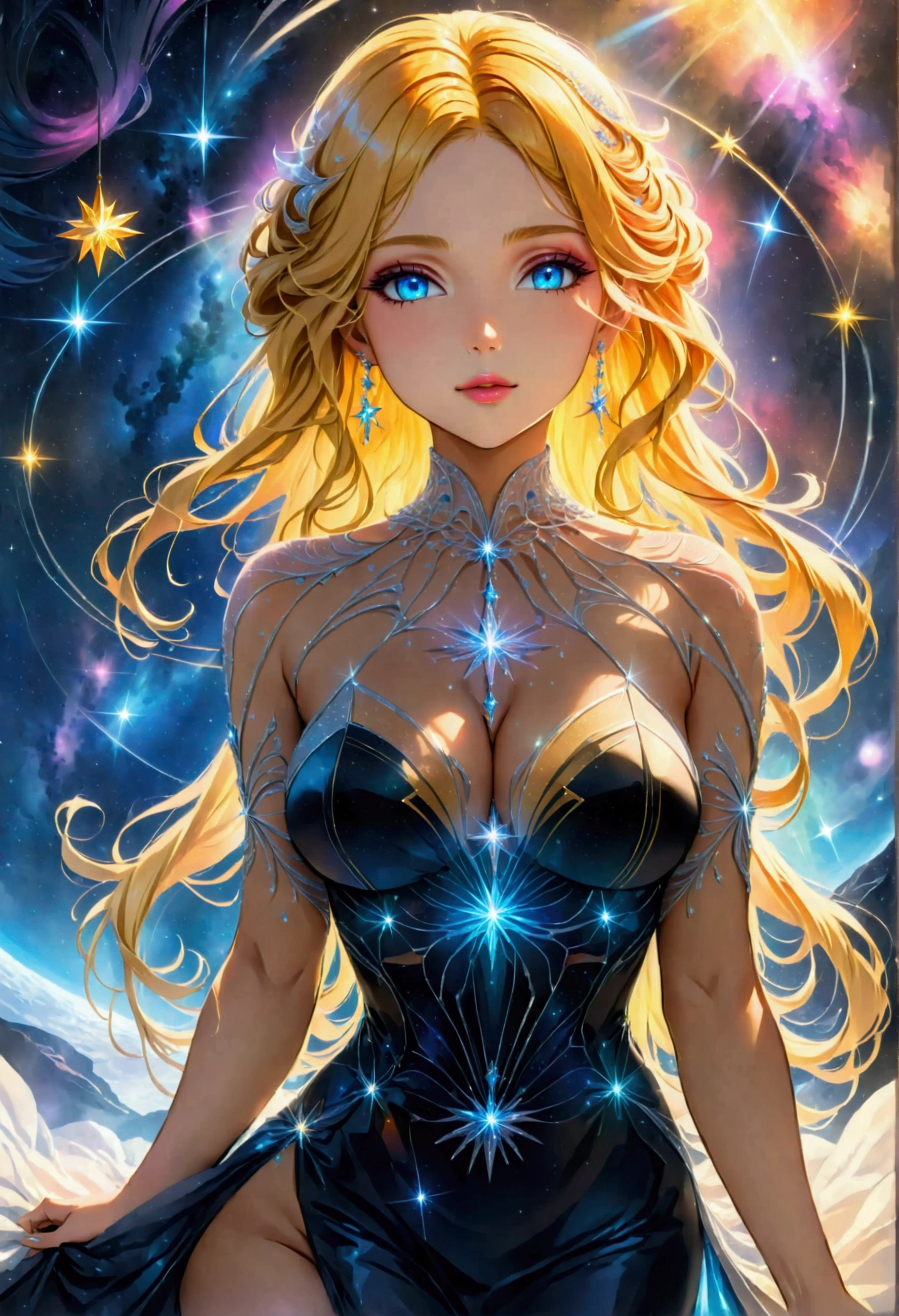 a glamour picture shot, of an elite model covered in stars, walking on a dark catwalk, an extraordinary glamourous elite female model, ((full body: 1.5)),  ((anatomically correct: 1.5), (ultra detailed face: 1.2), best detailed face, yrllow hair, long hair, lush hair, glam hair cut, blue eyes, delicate face, light make up, wearing intricate detailed dress, glamour dress, haute couture dress, elite fashion dress, black as night dress, decorated with bright stars, starlight,  small cleavage, wearing high heels, elegant high heels, she wears diamond necklace, she is glows in a soft starry light, she walks on asteroid catwalk, elite fashion show background, vibrant, Hyperrealism style, vibrant, Ultra-high resolution, High Contrast, (masterpiece:1.5), highest quality, Best aesthetics), best details, best quality, highres, ultra wide angle, 16k, [ultra detailed], masterpiece, best quality, (extremely detailed) RAW, chumbasket art style, photograph, photograph