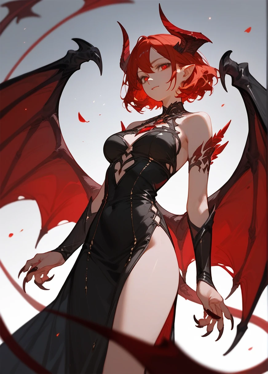 (score_9,score_8_up,score_7_up),1girl,girl demon,red hair,red eyes,wings,claws,black dress,beautiful_face,