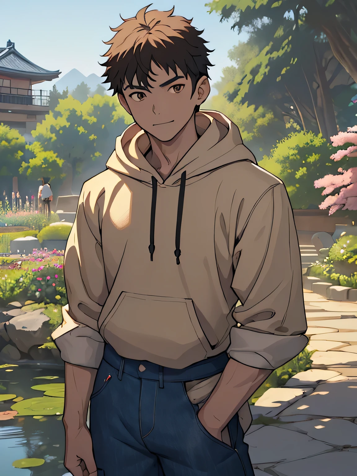((masterpiece)), ((best quality)), (ultra-detailed), (((((Garden of Japan house, Not in the shade, Landscape, cowboy shot))))), (8k, ultra-detailed, 1boy, solo, boy, worm eyes, Natural smile), Young boy, ((((Height: 168cm, 6.5 heads, baby face, face, ruddy skin, Toned body)))), (Black Short straight hair, brown eyes), Vivid colors, ((A loose fitting plain hoodie, The sleeves reach to the elbows), Denim trousers)