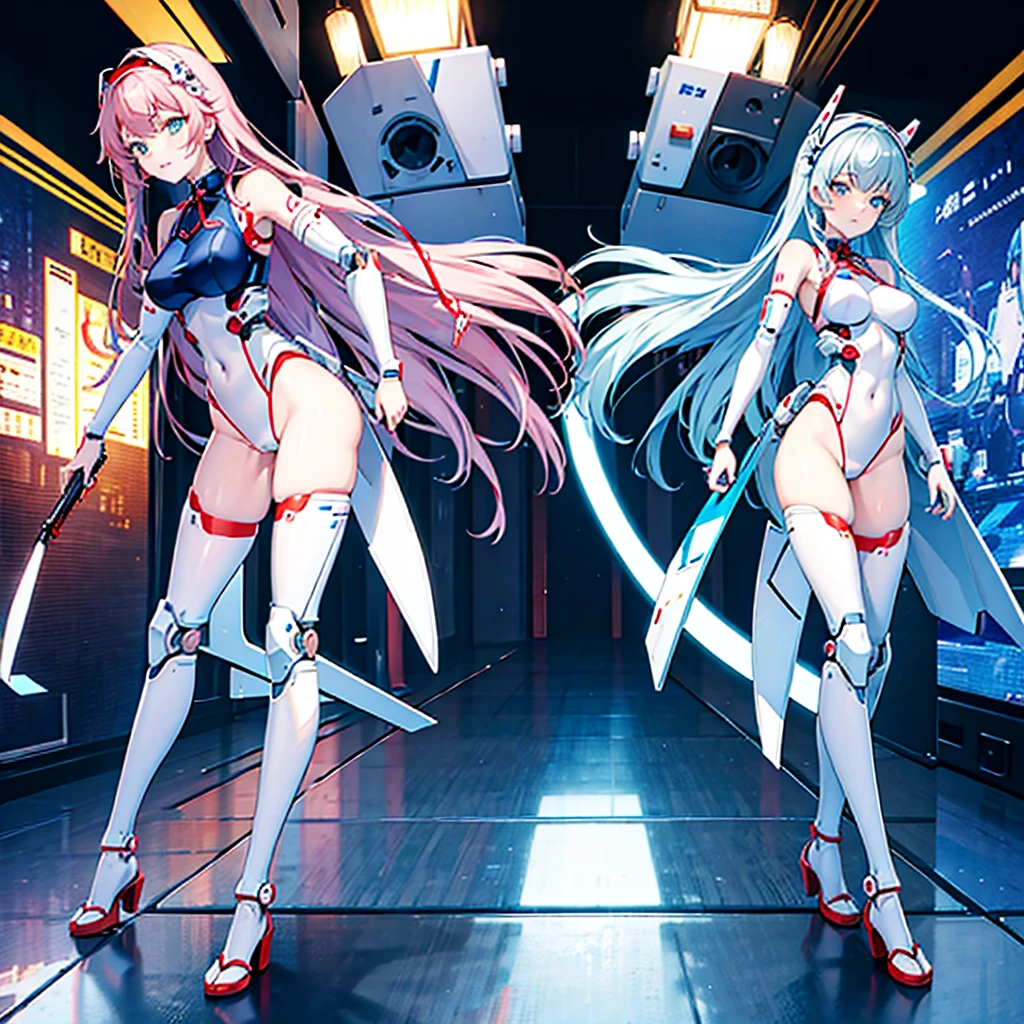 masterpiece, high quality, During the surgery to convert the machine、Heian Sumire, who has been turned into a mechanical body cyborg、Surgery to convert to a gynoid cyborg body with exposed mechanical parts、Blue and white leotard-type mechanical armor、The whole body from the neck down is precision-machined.、Single image、Full-body shot from the front