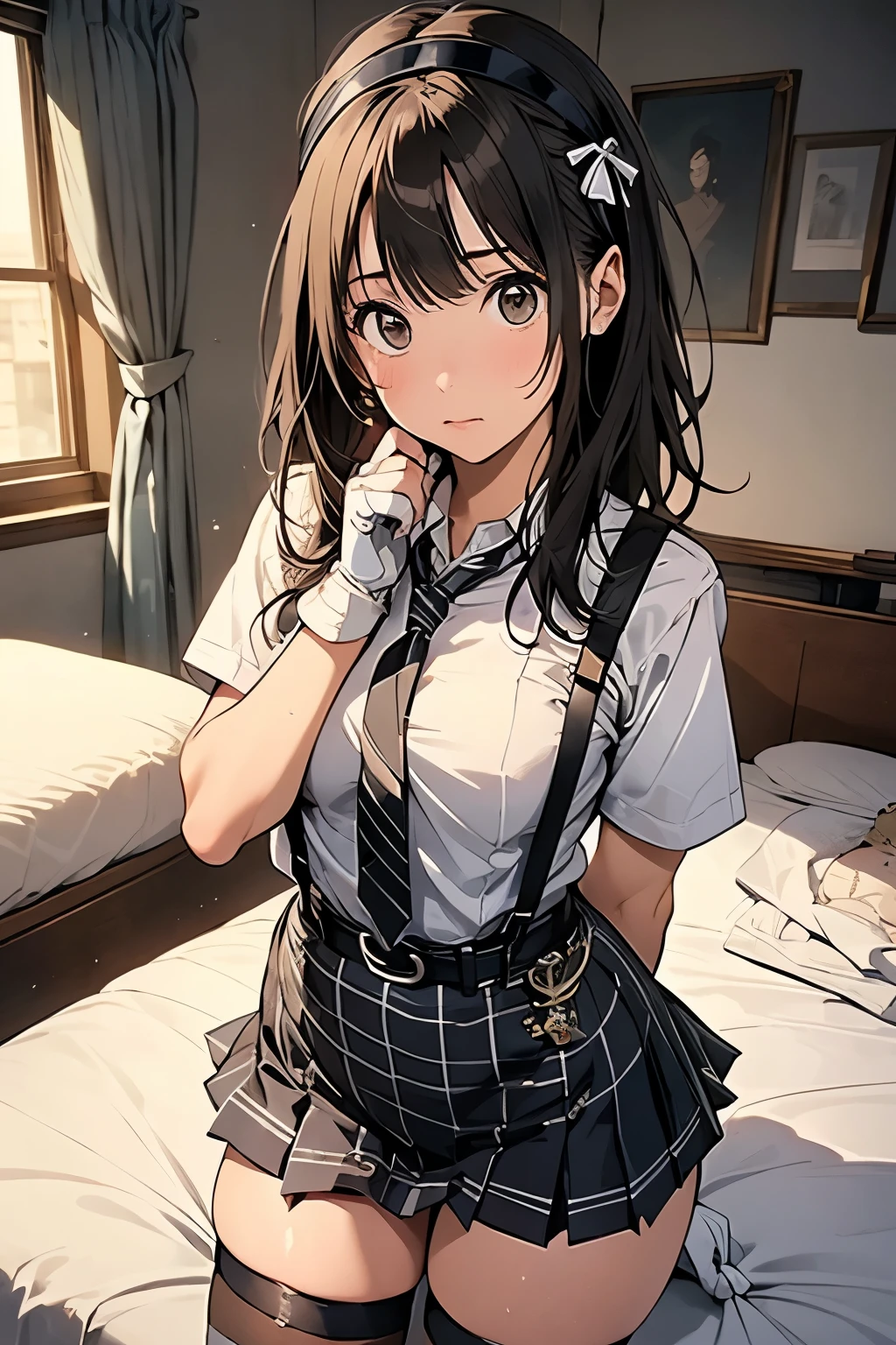 1 female, , high quality, masterpiece, Ultra-high resolution, , Cinema Lighting, , , And the suspenders with the cranes flying　　　Moderate breasts　 　 　　　　Large Breasts　 　 　　　　Small face　 　　　holster　　　　　　　 Lying in bed　Looking up　　　　Sweat 　　　belt　summer　脇Sweat 　Black Hole Gloves　suit　　　　 　garterbelt　Leg Links　ズボンにbelt　　holster　 　　Hands behind your back　 Anxious expression　Looking up　Anxious face　Knee-high　Knee socks　Knee-highソックス garterbelt　garter　ふとももにgarterbelt　Checkered mini skirt　Necktie Headband　ribbon