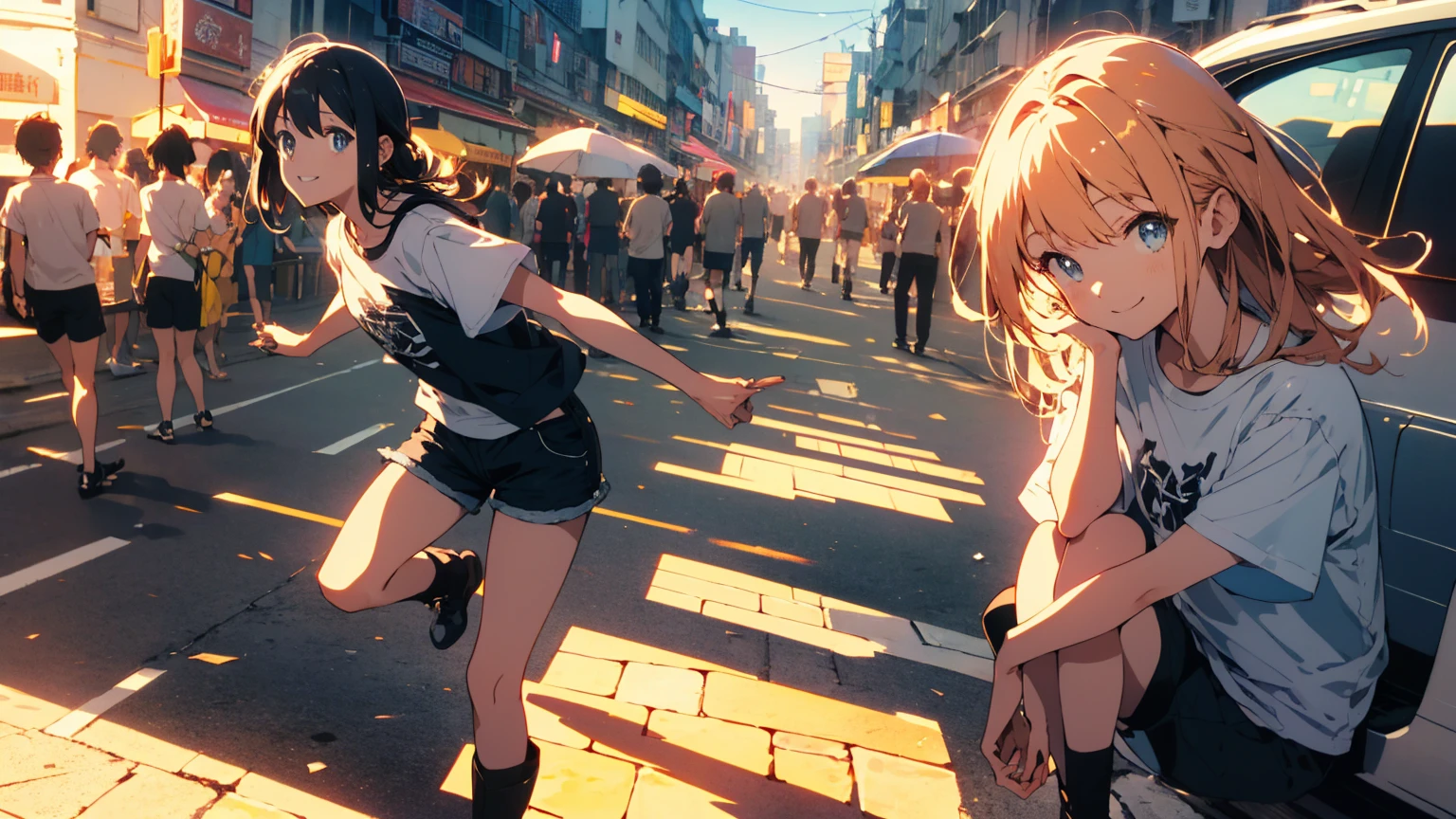 (Highest quality、masterpiece、High resolution、detailed)、(Shining Eyes、detailed美しい顔)、1 Girl、(T-Shirts,Shorts),smile,short boots,outskirts、Slope background、Beautiful Anime