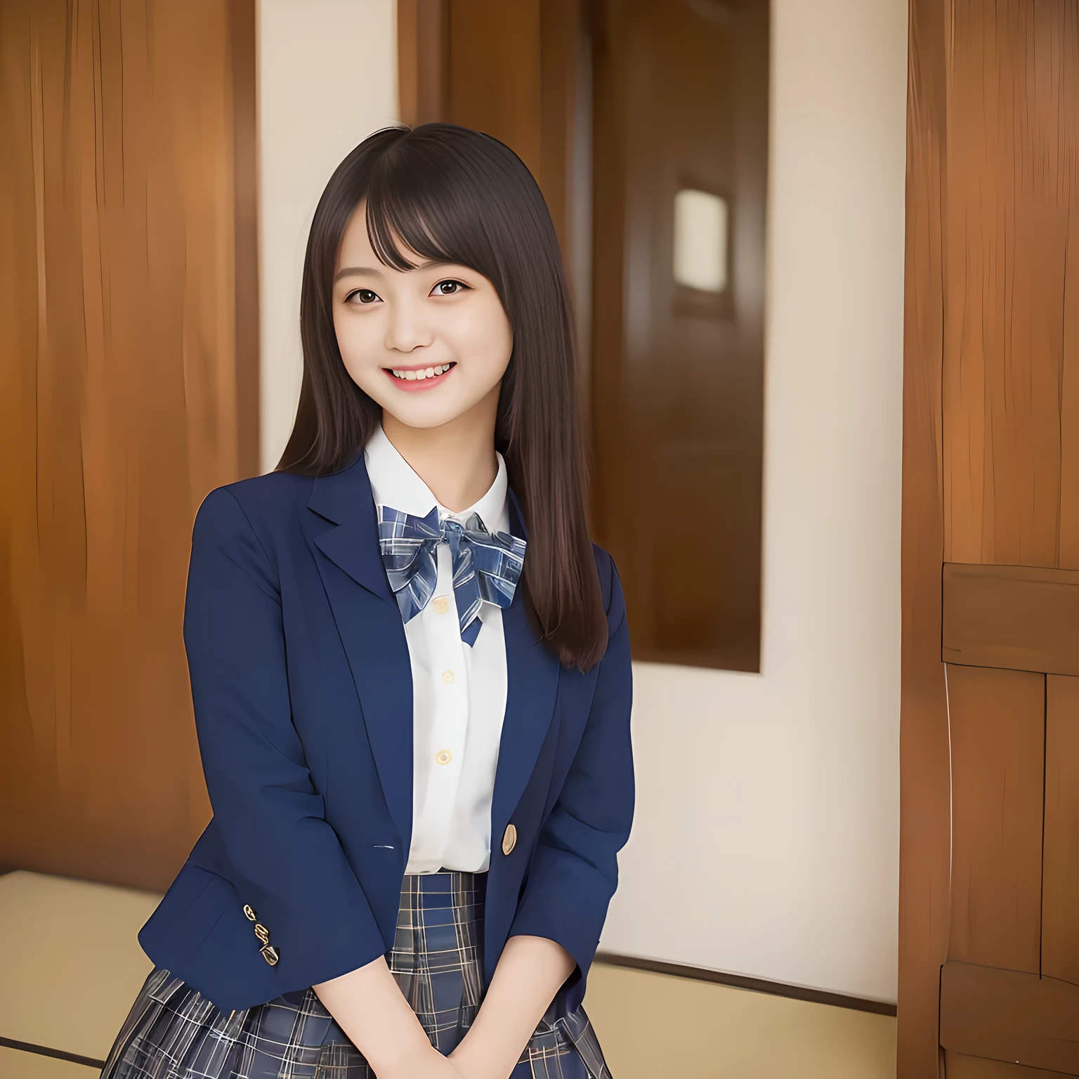 (Highest quality, masterpiece:1.2), Highest quality, High resolution, 1080P, 8k, height: 158cm, ((A noble, graceful and intelligent girl who looks like a best fat proportion Japanese young lady is turning around and giggling in a strong wind)), ((So sweet, very noble, neat, and pretty Japanese beautiful cute girl)), ((A real, very girly, sweet, cute and noble girl)), ((((A 14yo beautiful Japanese cute fashion model)))), ((((Very pure white face and limbs)))), Glossy Lips, (Evenly cut bangs), ((Very beautiful, droopy, cute, pure, noble brown eyes)), ((Super long, black straight hair that reaches the floor)), (Very shiny, glossy Lips), ((Beautiful straight hair like a school promotion model)), Watch at you, ((Incredibly well organized, Rich facial expressions)), ((Plump and beautiful white skin and face)), ((Pure, clear, gentle brown eyes)), ((staring at me)), Glossy Lips, ((noble and elegant)), Very beautiful blue skirt, ((Large upward-curving lips)), White Hand, ((((Navy Japanese school blazer with noble golden emblem)))), ((Navy and sapphire blue Japanese school uniform)), ((Light-blue tartan check pattern pleated long skirt)), ((Cobalt blue string chest ribbon)), ((((An ecstatic expression of boundless joy)))), ((plain white background: 1.0)), ((perfect fat body)), (((hair beauty magazine for young girls))), (Double eyelids, graceful noble eyes and faces with well balanced and carefully detailed:1.6)
