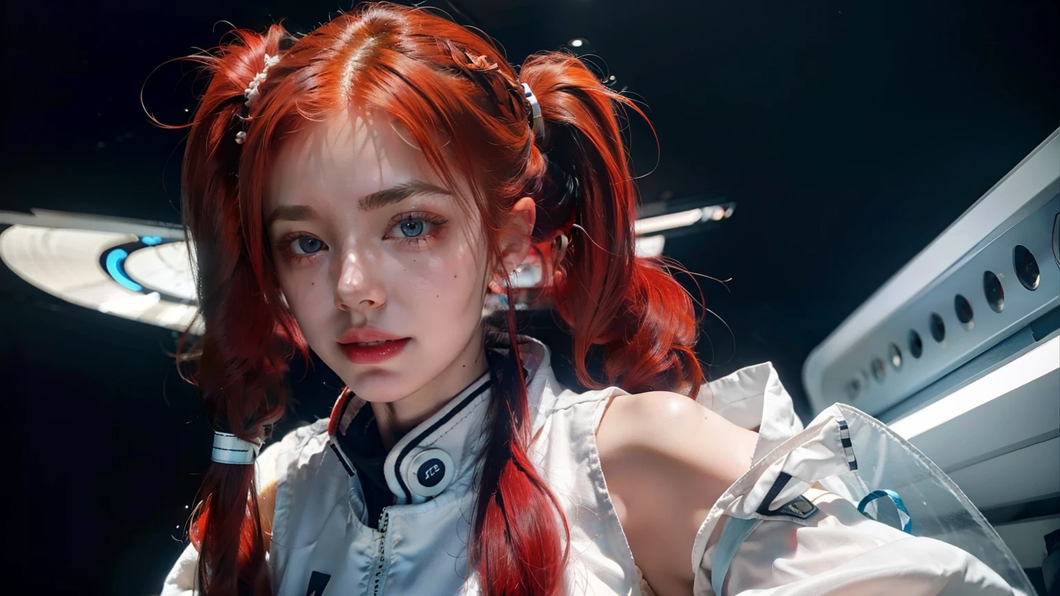 best quality, masterpiece, 8k, raw (overhead view), ((cute redhead:1.2)), ribbon in her hair, -yeld fee, happy teenager, excited expression, in twin tails, perfect eyes, Clear and sparkling blue eyes, pale skin, smooth skin, porcelain white skin, Wearing a futuristic waistcoat, standing next to the spaceship, Futuristic cyberpunk city buildings background
