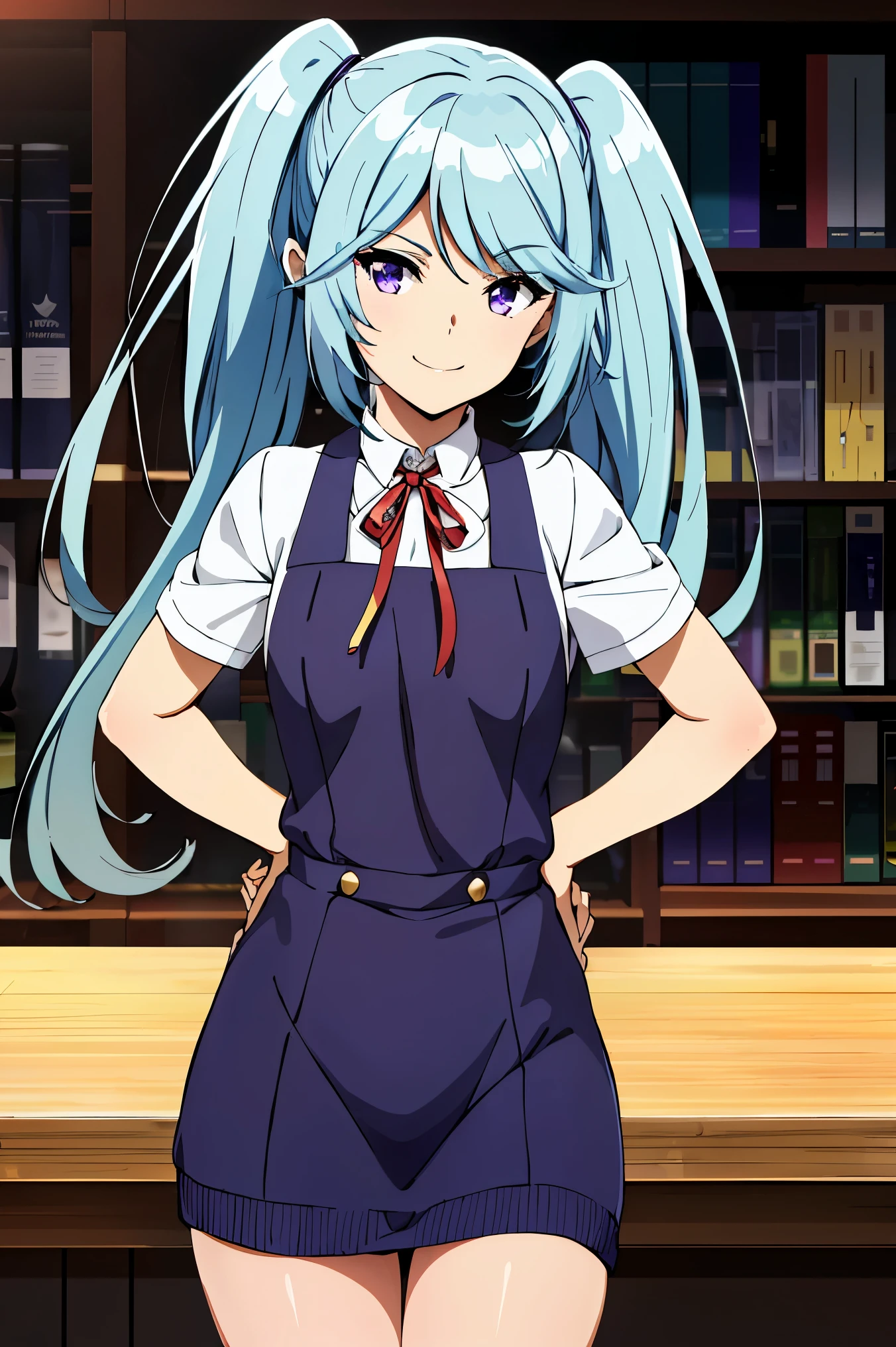 1girl, bangs, blue hair, gold trim, breasts, purple eyes, purple gemstones, smile, solo, very long hair, twintails, 
BREAK (blue dress, dress, neck ribbon, pinafore dress, red ribbon, ribbon, , short sleeves, short-sleeved sweater, sweater:1.2),
BREAK Intimidating women,night, Sunlight, exposed to sunlight,commander, looking at viewer, ((hands behind back:1.5)),
BREAK ((top quality, 8k, masterpiece: 1.3, ultra hd, high quality, best quality, high definition, realism)), sharp focus: 1.5, Beautiful woman with Slim body, (perfect hands, perfect anatomy),