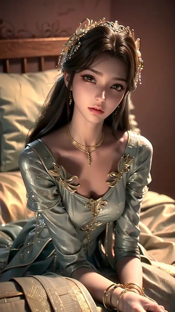 a beautiful  girl lying on a bed, facing upward, slightly raising her leg, extremely detailed and photorealistic, 8k, cinematic, full body capture, long legs, lying on a large bed, head resting on pillow, beautiful detailed eyes, long eyelashes, delicate facial features, beautiful lips, graceful pose, natural lighting, warm color palette, hyperrealistic, flawless complexion