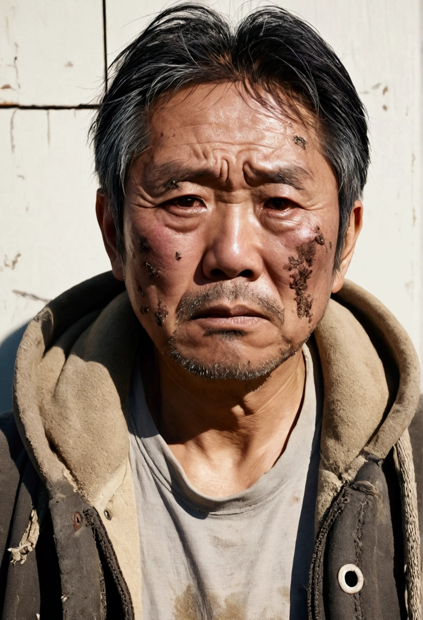 Japanese、A man in his 50s wearing dirty clothes、Painful face、Your clothes are torn