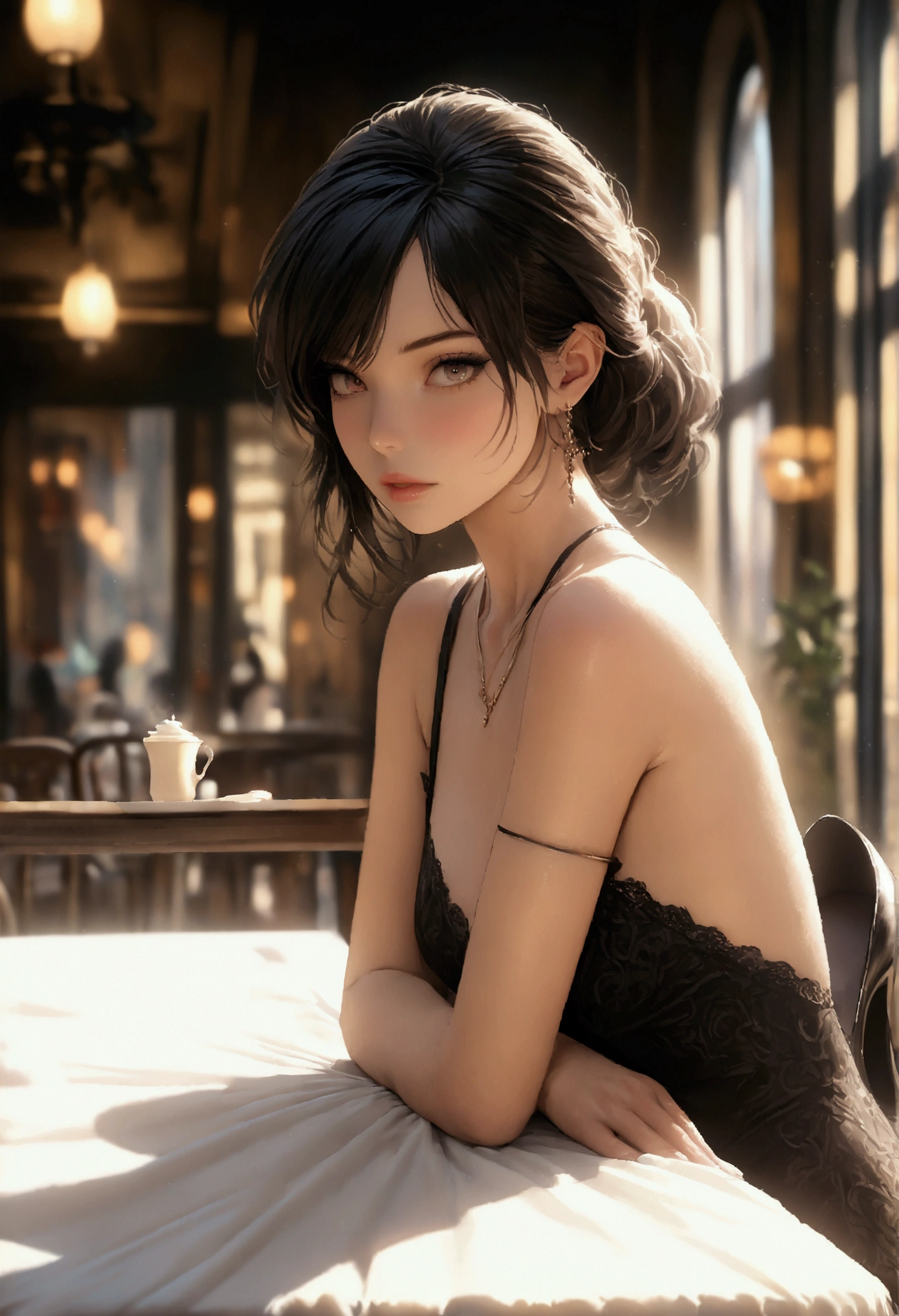 (Best Quality:1.2, 8k, masterpiece, Very detailed, of the highest quality), photorealistic, 2d illustration, women, parisian coffee, ancient, tight black dress, Delicate lace trim, female silhouette, soft folds, wrinkles, nude stockings, subtle texture, classic black stiletto heels, delicate strap, ancient glamour, Soft lighting, checkered tablecloths, Cozy atmosphere, relaxed elegance, detailed eyes, beautiful detailed lips, extremely detailed eyes and face, long eyelashes, natural lighting, Realistic skin, Detailed hair.