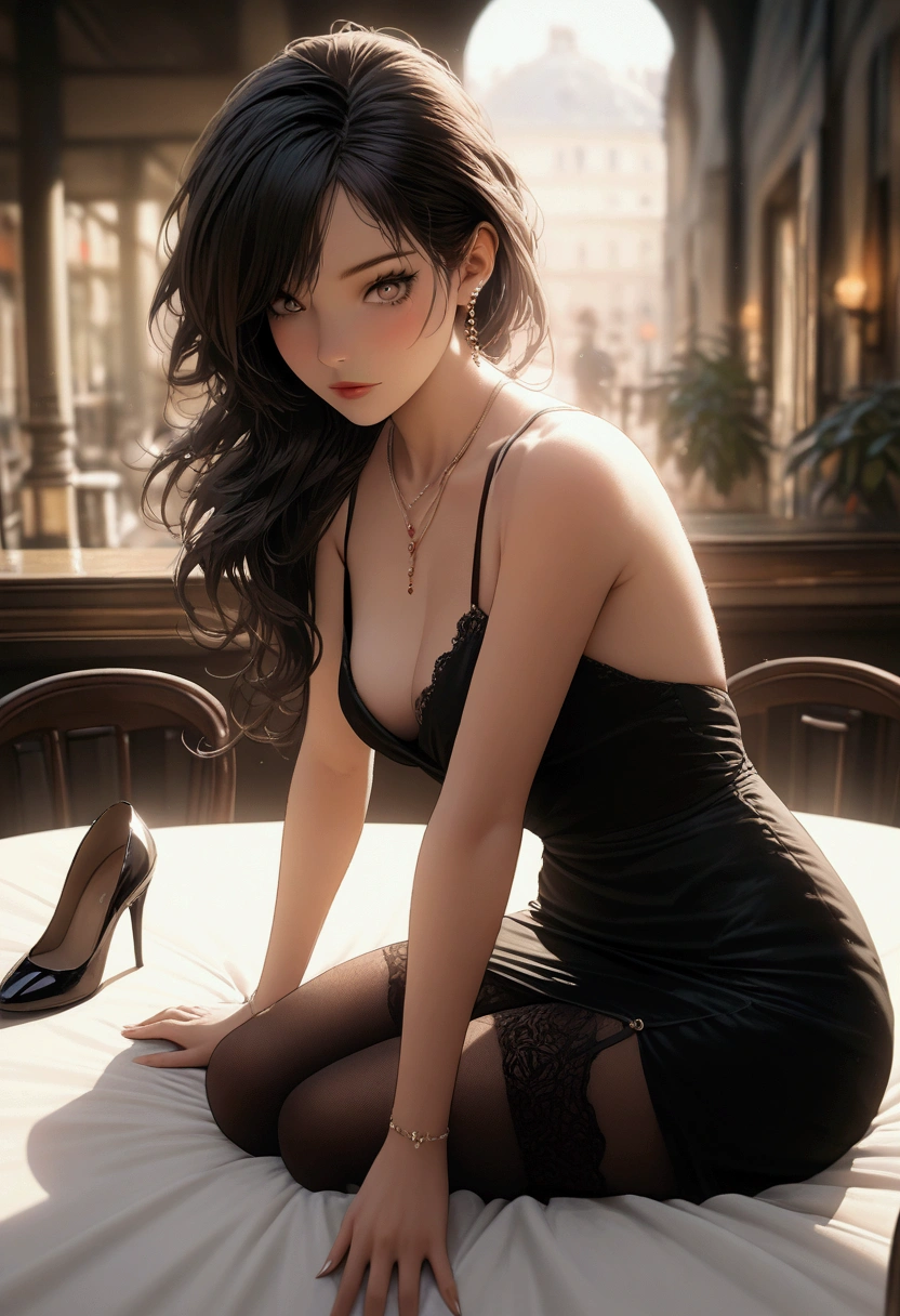 (Best Quality:1.2, 8k, masterpiece, Very detailed, of the highest quality), photorealistic, 2d illustration, women, parisian coffee, ancient, tight black dress, Delicate lace trim, female silhouette, soft folds, wrinkles, nude stockings, subtle texture, classic black stiletto heels, delicate strap, ancient glamour, Soft lighting, checkered tablecloths, Cozy atmosphere, relaxed elegance, detailed eyes, beautiful detailed lips, extremely detailed eyes and face, long eyelashes, natural lighting, Realistic skin, Detailed hair.