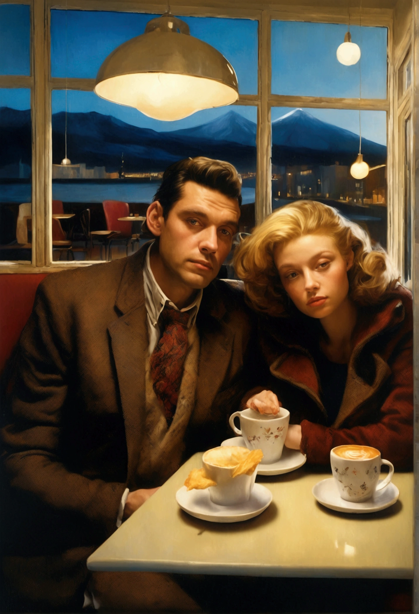photorealism, a photograph of a man and a woman in an Icelandic cafe, cups of coffee, a cheeseburger, many other details filling the space around, against the backdrop of a window with a beautiful modern finish in which a volcano is flooded with evening light, reflections of lights, a masterpiece in the style of Diane Arbus