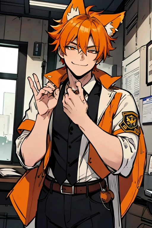 Perfect face. Perfect hands. An orange haired male cowboy with orange eyes and orange fox ears and an orange fox tail in a sheriff's outfit is working in a sheriff's office with a big smile