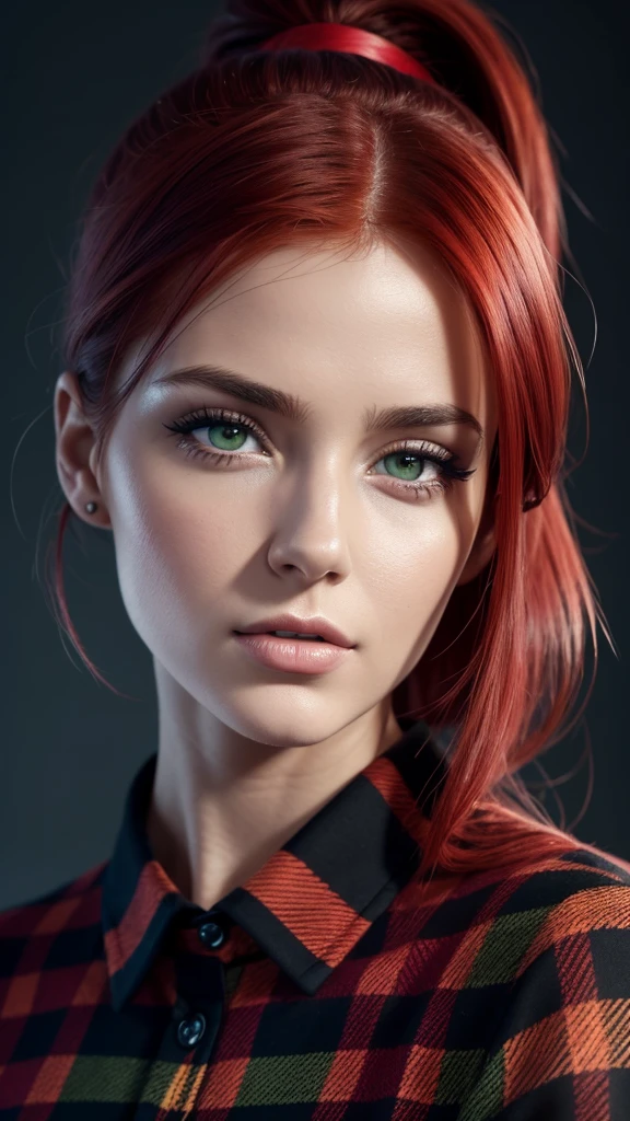 One gorgeous European woman, 25 years old, red hair in a short ponytail, natural leaf-green eyes, detailed skin, dressed in a red and black plaid shirt, raw foto, portrait, in space, vivid colors, impressionistic, aesthetically pleasing, best quality, soft lighting, realistic, hyper realistic foto, detailed cute face, beautiful facial features, attractive face, cinematic foto, 4k, hdr