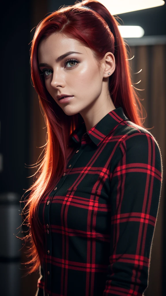 One gorgeous European woman, 25 years old, red hair in a short ponytail, natural leaf-green eyes, detailed skin, dressed in a red and black plaid shirt, raw foto, portrait, in space, vivid colors, impressionistic, aesthetically pleasing, best quality, soft lighting, realistic, hyper realistic foto, detailed cute face, beautiful facial features, attractive face, cinematic foto, 4k, hdr