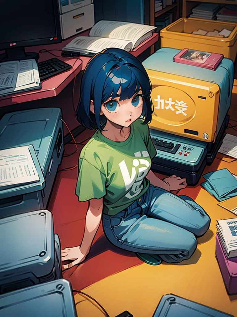 Short Bob20Teenage woman sitting in old messy room、Hair color is black、Baggy T-shirts and baggy jeans、Lots of retro cameras, Computer, wait. Falling to the floor