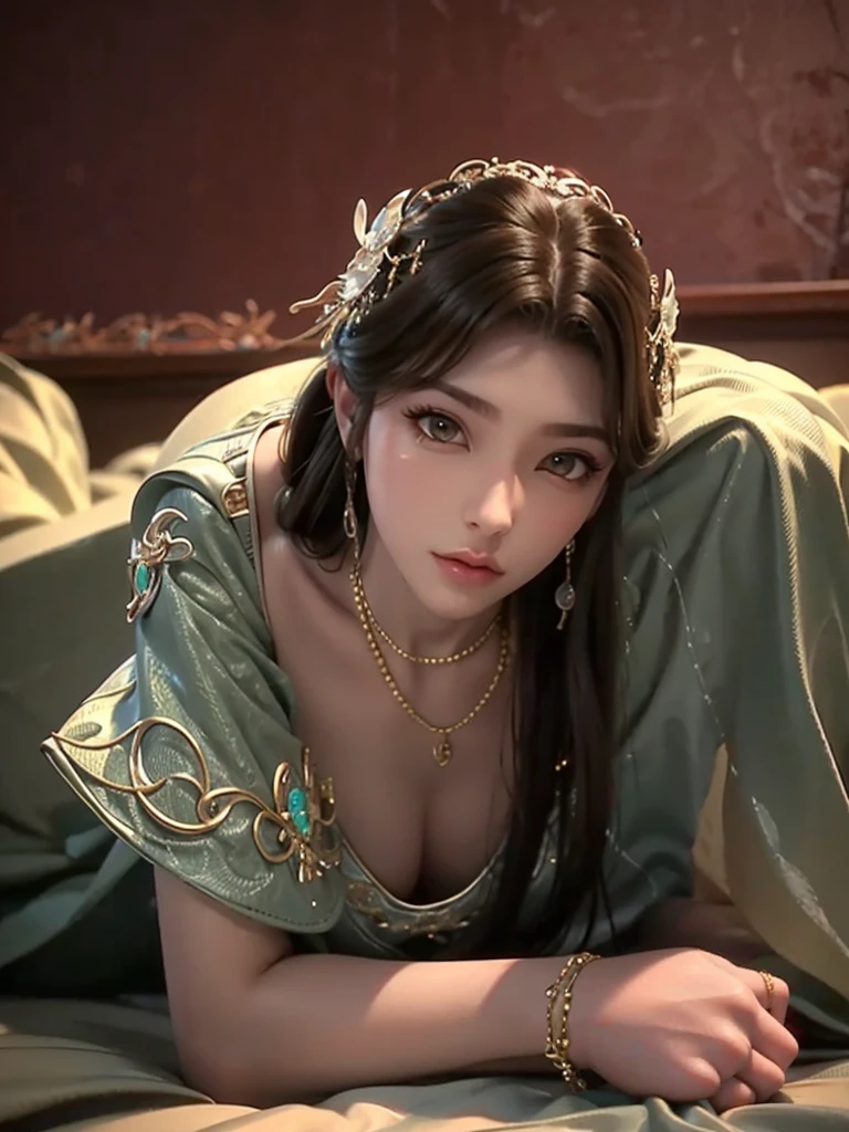 a beautiful 16 year old girl lying on a bed, facing upward, slightly raising her leg, extremely detailed and photorealistic, 8k, cinematic, full body capture, long legs, lying on a large bed, head resting on pillow, beautiful detailed eyes, long eyelashes, delicate facial features, beautiful lips, graceful pose, natural lighting, warm color palette, hyperrealistic, flawless complexion