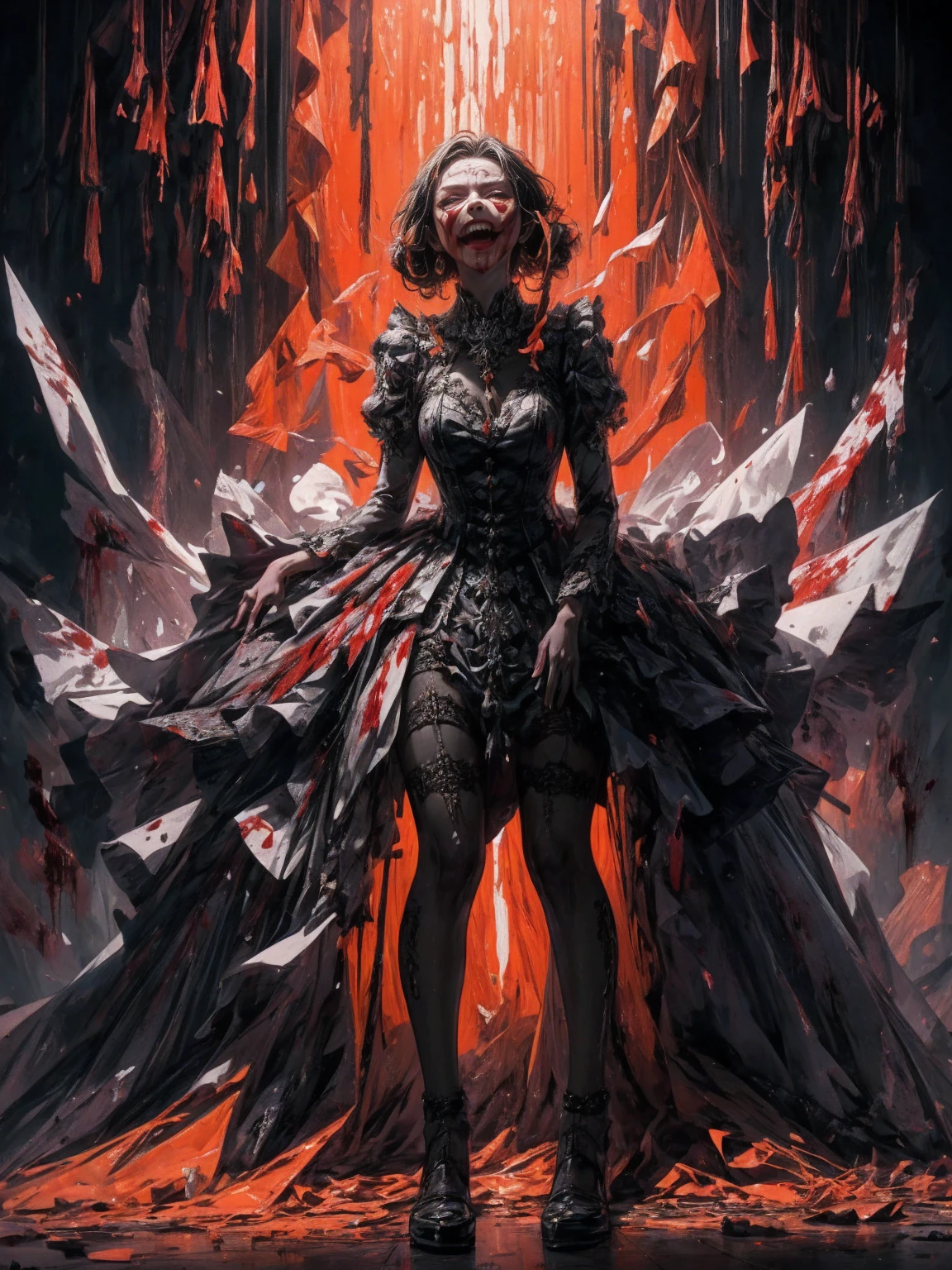 Dark and Torn, ((Lonely 1 Dark Malicious Underworld Woman Evil Smile, I narrowed my eyes.:1.3)), Beautiful muscular body, intense expression,、Bloody、bleeding from the head,,,,、Blood splatter、,(Blood splatter:1.4), he has a gun, (Clothing color, warm, orange, yellow, violet: 1.3), shortageれ果てた野原に立つ, Dramatic lighting, Strong Shadows, Sand Texture , High Contrast, Bright colors, Dynamic pose, Strong stance, shortageんだ背景, Explosive atmosphere, Dystopia Theme, Surreal elements, Digitally drawn illustrations, High resolution, Intricate details, Dramatic composition, Avant-garde and chaotic brushwork, Gothic style, Intense emotions, 、Bloody、bleeding from the head,,,,、Blood splatter、,(Blood splatter:1.4),Scale Epic, to be born々shortage々Rough and gritty, A fascinating and provocative work of art..