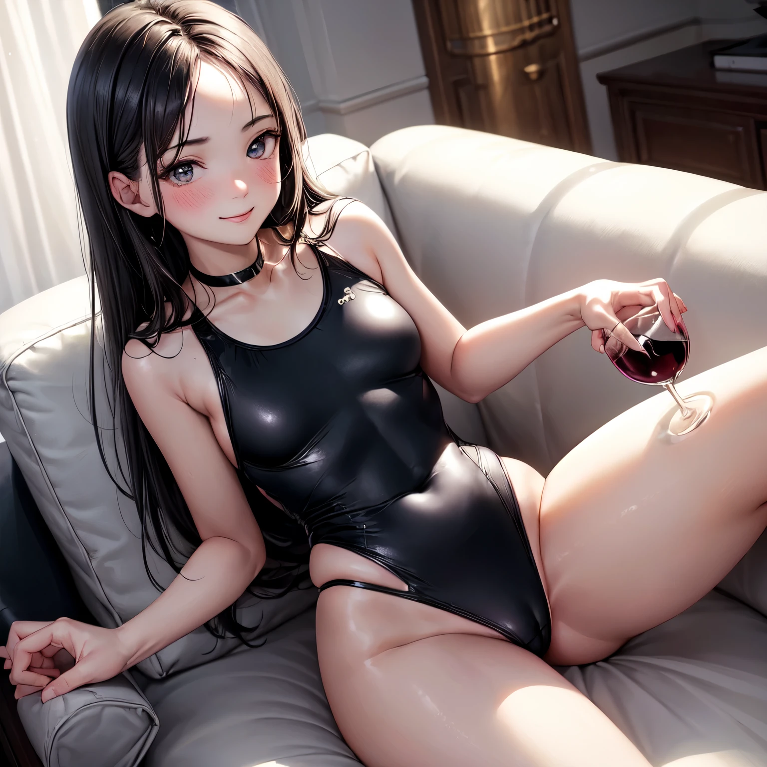 (4K,masterpiece,best quality,ultra detailed,high resolution),(daylight,bloom,ceiling light),((solo)),(beautiful girl),(black hair,straight hair,medium hair,forehead),(beautiful detailed baby face,beautiful detailed eyes),(finely detailed skin),skinny,((one piece competition swimsuit)),(sit in couch),(((drinking wine,wine glass))),(smile,happy,blush),(dwarf),(small breast,small hip),from front,(white wall),((gray couch)),(simple room),(relax),(camel toe:0.1),pussy juice