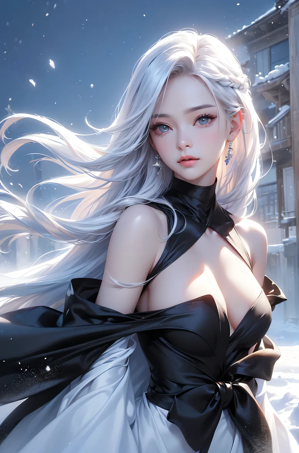 ((masterpiece:1.5、8k、Tabletop、Photorealistic and very detailed CG、Very detailed、Particle Effects、Dynamic Effects、Shallow depth of field、Cinematic Light、Lens flare、Ray Tracing、Tabletop、Realistic:1.4、Ultra-high resolution:1.2、Realistic、Realistic))((alone、,A woman wearing a black cashmere coat over an off-the-shoulder dress:1.4、Elegant woman posing、Detailed face、brightexpression、young, bright, Whiter skin、Medium chest、Beautiful cleavage、Best Looks、ASİAN、Ultimate beauty、bright and shiny hair,、Super long, Silky straight hair、Hair dancing in the wind))(morning、The setting is outdoors in the snow、Crystal of snow)((shiny white hair))