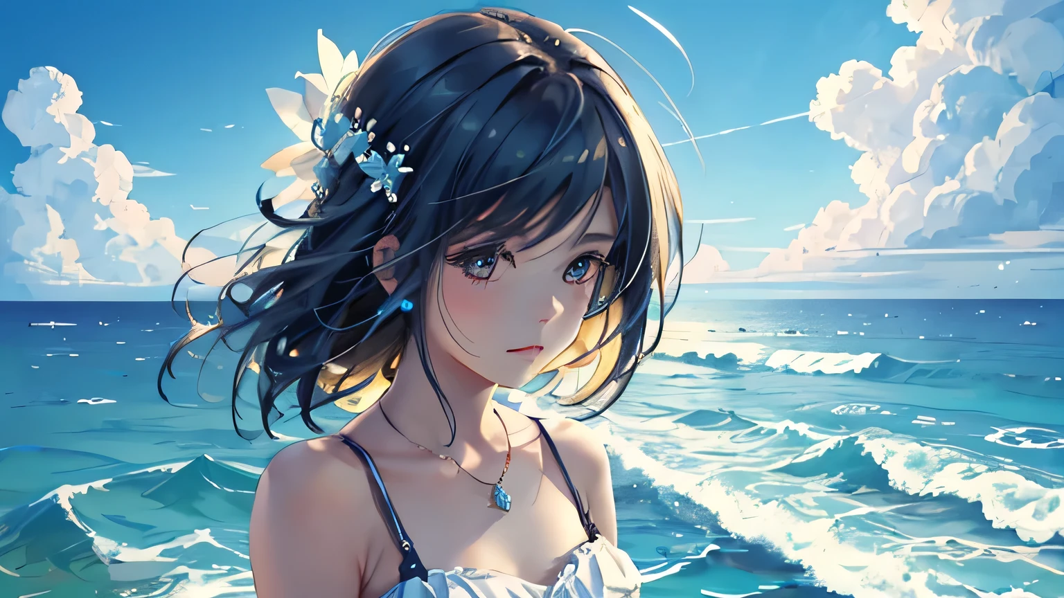 Highest quality,masterpiece,masterpiece portrait,Intricate details,Magnificent Light,Very delicate、so beautiful、Ocean、summer、One Girl、Wave、Moped、Overall image、Highest quality、Cool feeling、Blue sky、