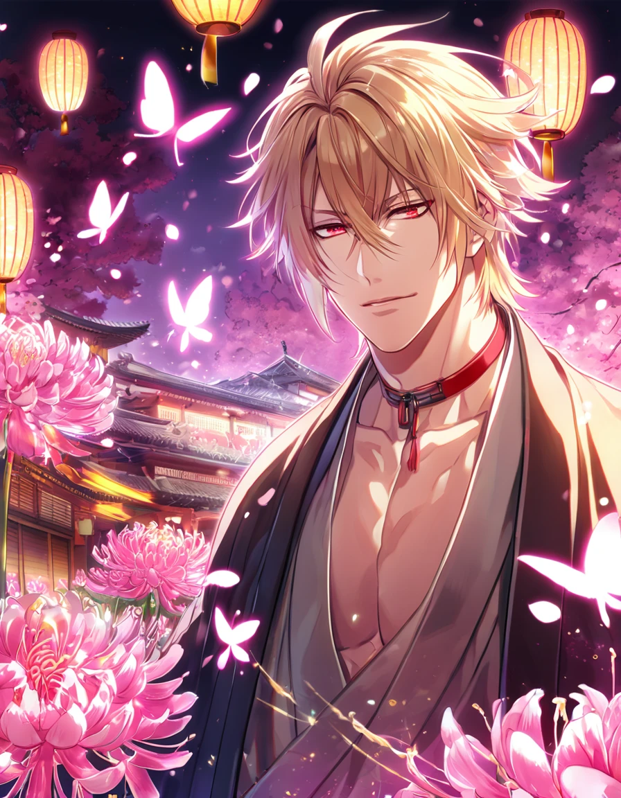 absurd resolution, high resolution, ultra detailed, detailed eyes, extremely detailed, HDR, 8K, Kazama Chikage, honey blonde hair, expressive red eyes, Hakuouki, solo, sexy man, handsome, black haori, white kimono, red collar, fantasy, cool, magical, pink glittering butterflies, pink dust flying around, pink spider lilies, pink petals, pink lanterns, Japanese ambiance, cherry blossoms