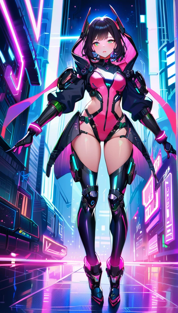 a professional fashion model, full body shot, perfect body, sci-fi background, cyberpunk fashion outfit, beautiful detailed eyes, beautiful detailed lips, extremely detailed face, high-tech futuristic, intricate mechanical details, advanced technology, glowing neon lights, dynamic pose, photorealistic, 8k, best quality, masterpiece, cinematic lighting, dramatic colors