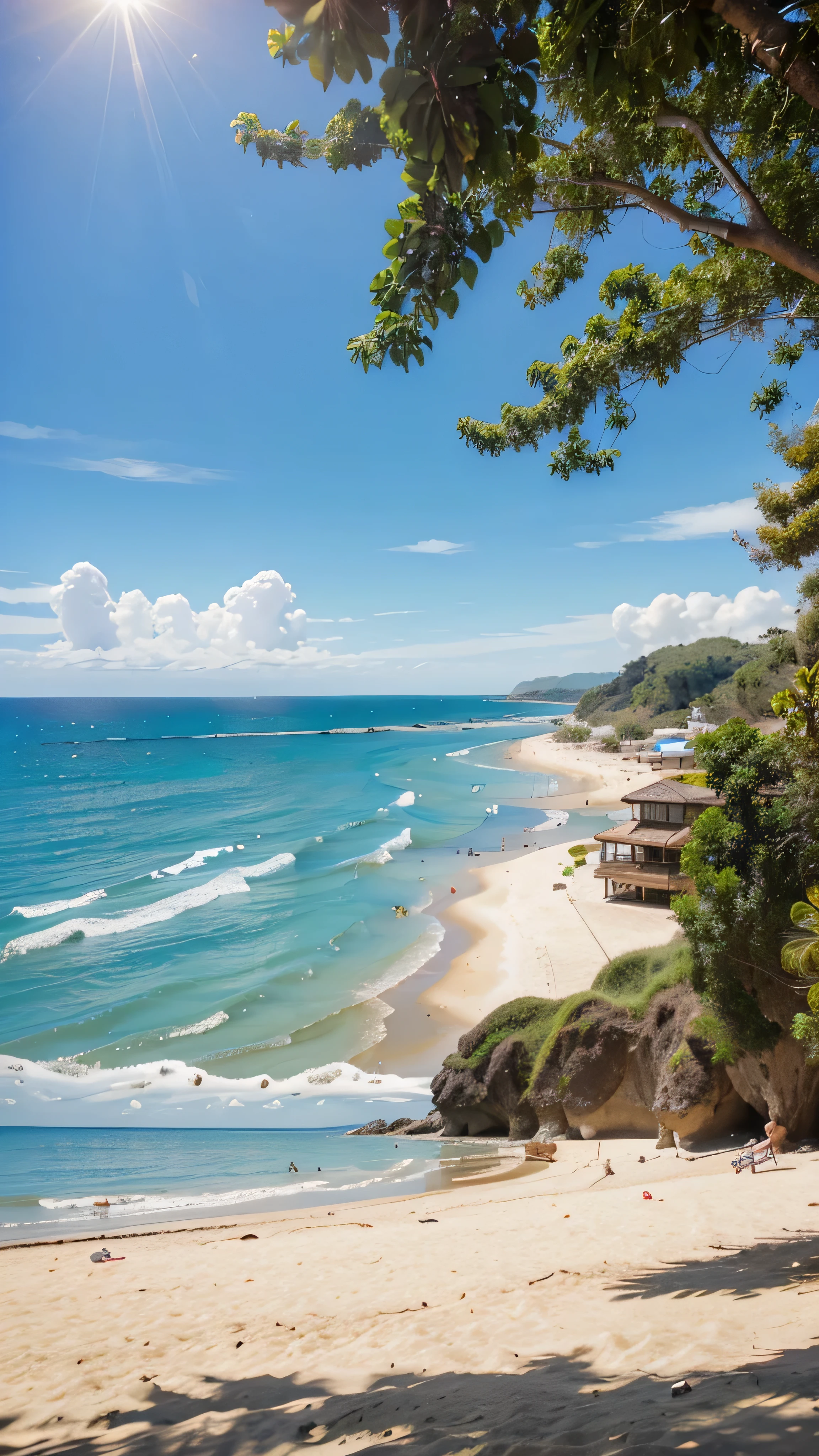 there is a sunshine beach view with sea and sand, a big sun hanging on the top of sky, beautiful and peaceful beach, sea is blue color, sunny and happy atmosphere, afternoon relax chill atmosphere