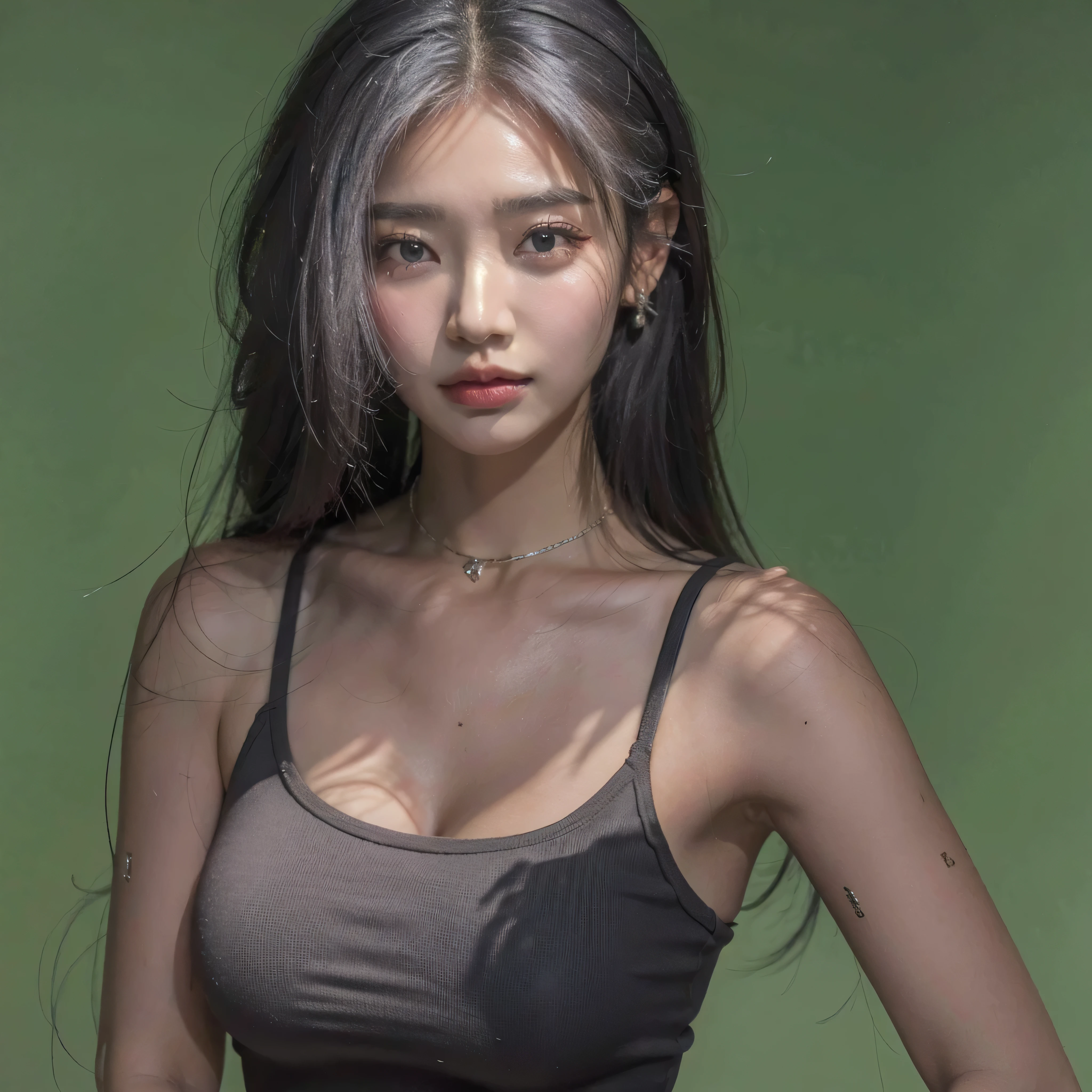 real, RAW photo, extremely delicate and beautiful, masterpiece, Best Quality, ultra high resolution, 32k, hyperrealistic, ultra-detailed, in her 20s, delicate facial features, tearful mole, earring, big breasts, full body shot, shorter middle hair, black hair, (((3 girls))), short pencil skirt, black shirt, collared dress shirt, sleeveless, best quality, ultra high res, (photorealistic:1.4), pretty girl, tanktop black shirt, black tight skirt, black choker, (faded ash gray hair:1), medium breasts, looking at viewer, closeup, (pretty face) , southeast asia girl, (RAW photo, best quality,high quality,highres), (realistic, photo-realistic), ultra-detailed,(front lighting) 