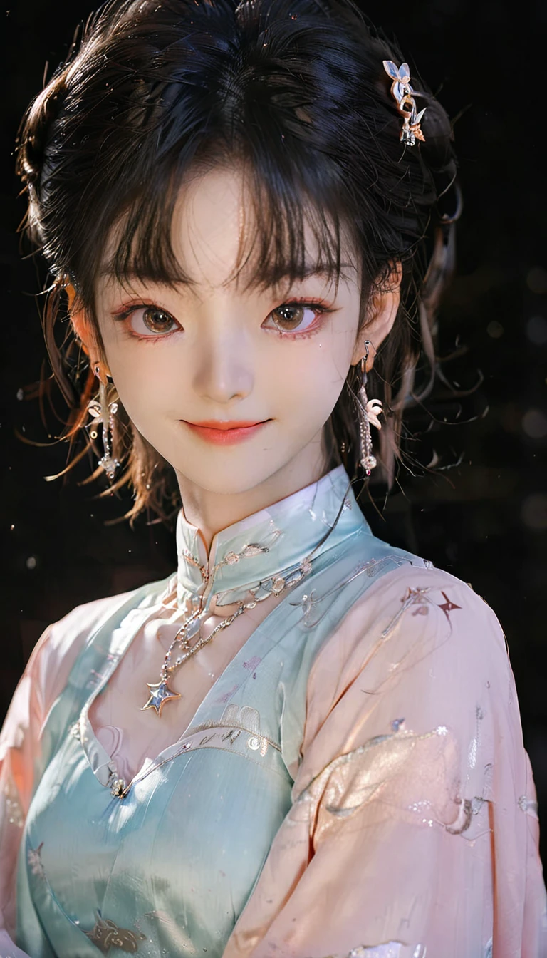 best quality, masterpiece, high resolution, 1 Girl,blush,(Charming smile:0.8),Star-shaped pupil,china hanfu,Hair accessories,necklace, Jewelry,Pretty Face,Above_Body, Tyndall effect,Reality, Dark Studio, Edge lighting, Two-tone lighting,(High Detail Skin:1.2), 8K uhd, Digital SLR Camera, Soft lighting, high quality, Volumetric Lighting, frank, photo, high resolution, 4K, 8K, Bokeh