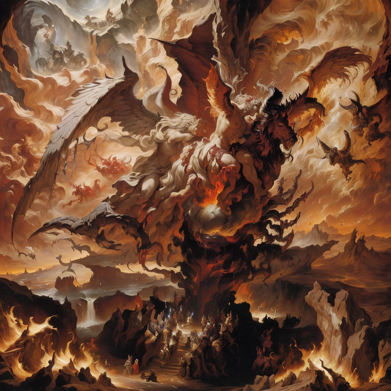 arafed painting of a painting of a group of devils with wings in a cave, the final battle in hell, the great door of hell, angel in hell, bloody river in hell, by Peter Paul Rubens, satan in hell, battle between angels and demons, mouth of hell, dante's inferno painting, hell background, hell scape, in hell
