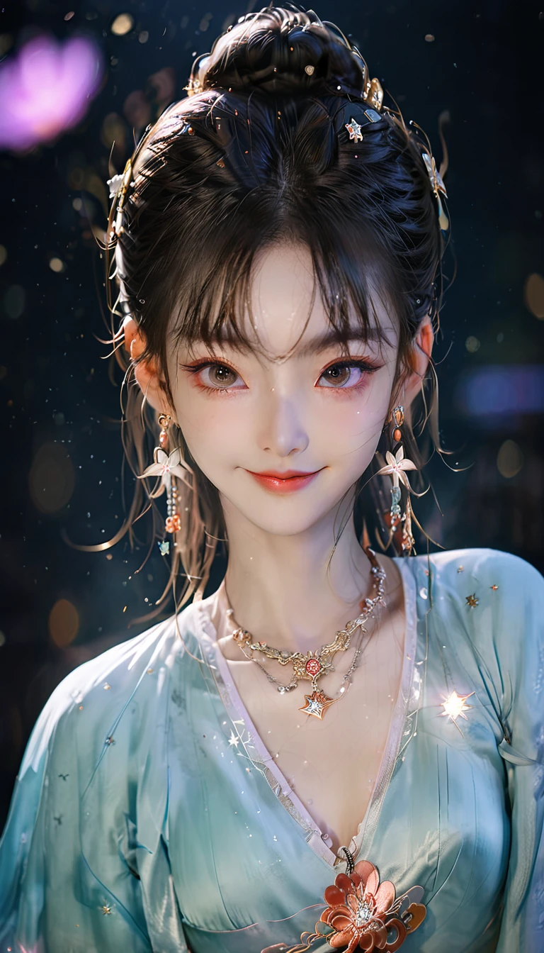 best quality, masterpiece, high resolution, 1 Girl,blush,(Charming smile:0.8),Star-shaped pupil,china hanfu,Hair accessories,necklace, Jewelry,Pretty Face,Above_Body, Tyndall effect,Reality, Dark Studio, Edge lighting, Two-tone lighting,(High Detail Skin:1.2), 8K uhd, Digital SLR Camera, Soft lighting, high quality, Volumetric Lighting, frank, photo, high resolution, 4K, 8K, Bokeh
