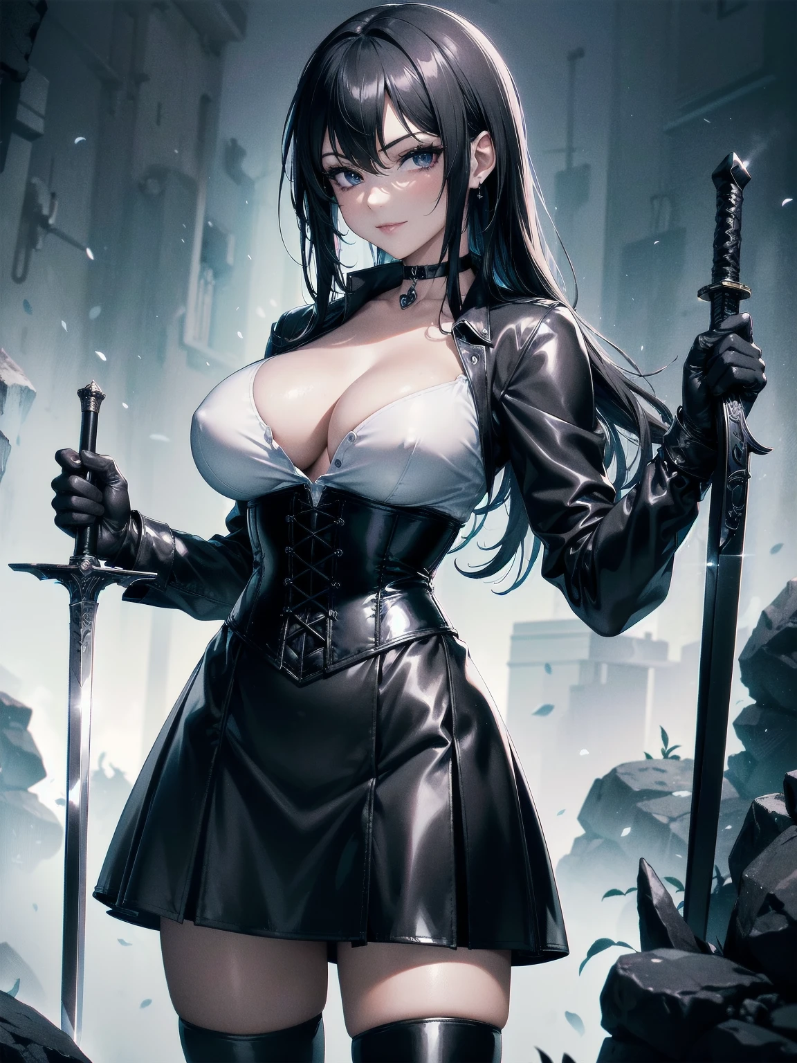 masterpiece, Superior image quality, High resolution, 4k image, ung girl of 15 years, standing, {Alone},{{{vagina}}}, big breasts, beautiful face, long black hair, black eyes, very detailed eyes, seductive expression, draw smile, choker:1.6, (long sleeve white collar buttoned shirt), black gloves, gloves covering hands, (wielding a sword with the right hand), (black leather corset), (shiny black miniskirt), (Black leather boots), sensual lips , show details in the eyes, view from front, looking at the viewer, Dark forest, at night, atmosphere, fog