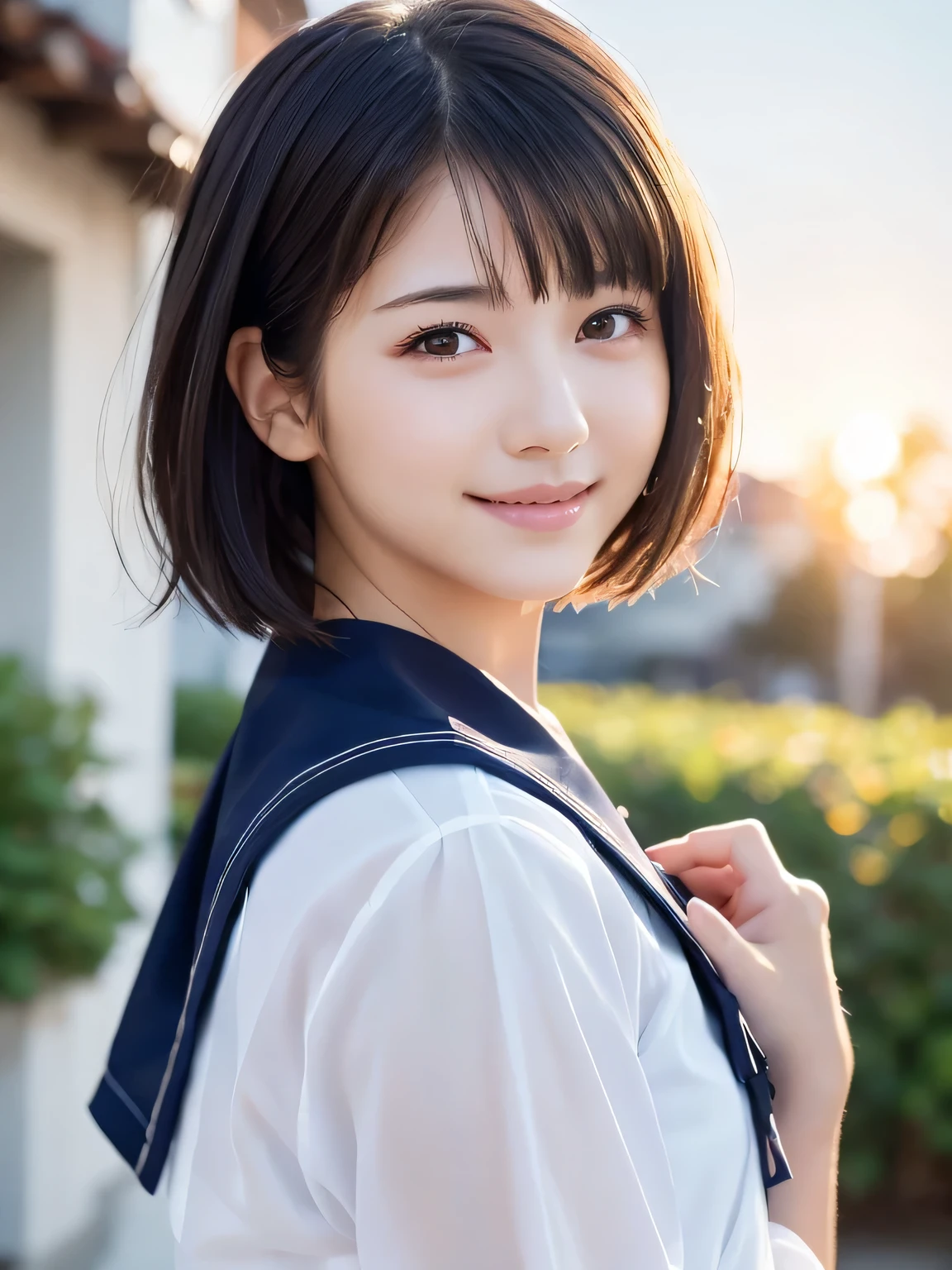 Highest quality, One beautiful woman, sunset, ((masterpiece, Highest quality, High resolution)), (look back:1.3), 1 girl, Smile and wave, (Realistic: 1.4), Great face, 17 years old, short hair, (Beautiful Hair:1.5), Sailor suit, The background is the school building, Side Angle, (Face close-up:1.3), Smooth, Highly detailed CG composite 8K wallpaper, High resolution RAW color photos, Professional photography, Light, BackLight, dream-like, impressive, Written boundary depth