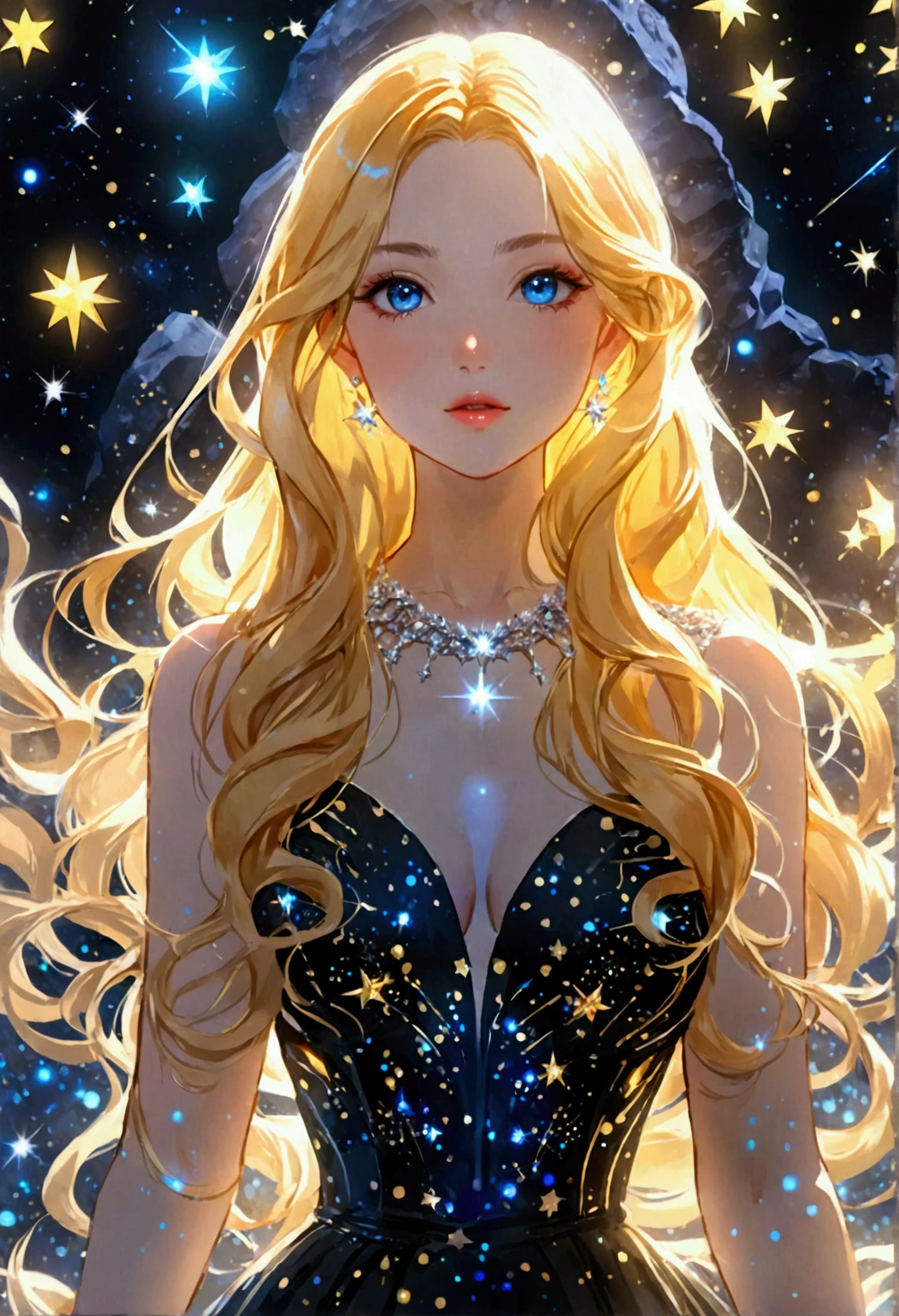 a glamour picture shot, of an elite model covered in stars, walking on a (dark catwalk: 1.2), an extraordinary glamourous elite female model, ((full body: 1.5)),  ((anatomically correct: 1.5), (ultra detailed face: 1.2), best detailed face, yrllow hair, long hair, lush hair, glam hair cut, blue eyes, delicate face, light make up, wearing intricate detailed dress, glamour dress, haute couture dress, elite fashion dress, black as night dress, decorated with bright stars, starlight,  small cleavage, wearing high heels, elegant high heels, she wears diamond necklace, she is glows in a soft starry light, she walks on asteroid catwalk, elite fashion show background, vibrant, Hyperrealism style, vibrant, Ultra-high resolution, High Contrast, (masterpiece:1.5), highest quality, Best aesthetics), best details, best quality, highres, ultra wide angle, 16k, [ultra detailed], masterpiece, best quality, (extremely detailed) RAW, chumbasket art style, photograph, photograph