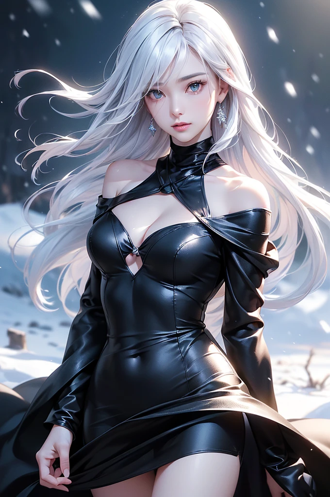 ((masterpiece:1.5、8k、Tabletop、フォトリアリスティックでVery detailedなCG、Very detailed、Particle Effects、Dynamic Effects、Shallow depth of field、Cinematic Light、Lens flare、Ray Tracing、Tabletop、Realistic:1.4、Ultra-high resolution:1.2、Realistic、Realistic))((alone、,A woman wearing a black cashmere coat over an off-the-shoulder dress:1.4、Elegant woman posing、Detailed face、bright表情、young, bright, Whiter skin、Medium chest、Beautiful cleavage、Best Looks、Asian、Ultimate beauty、bright and shiny hair,、Super long, Silky straight hair、Hair dancing in the wind))(morning、The setting is outdoors in the snow、Crystal of snow)((shiny white hair))