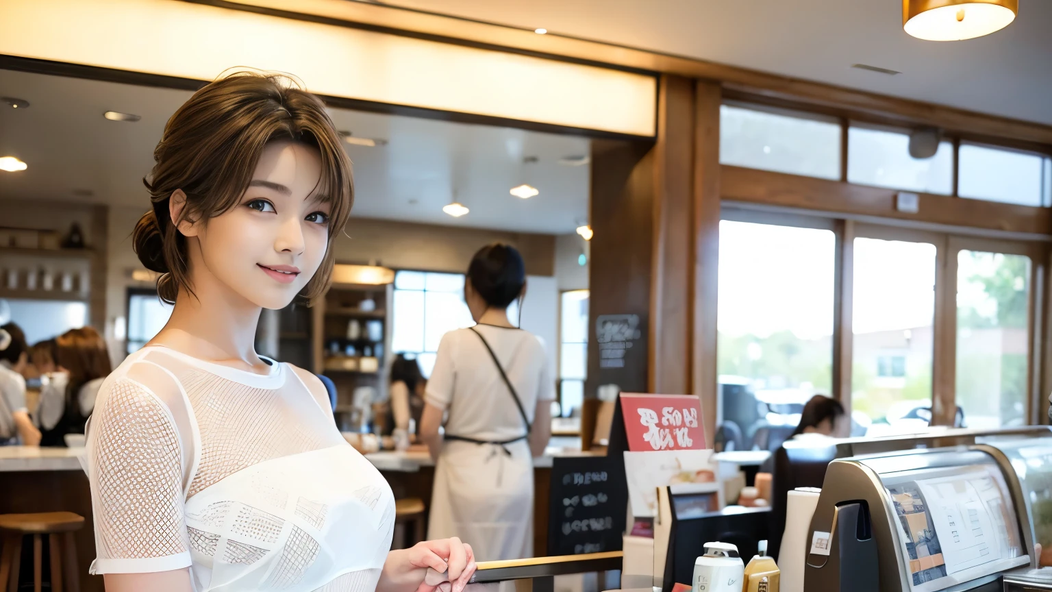 super high quality, smile, Slenderのネックレス, Slender, Gravure photoshoot, The staff is working at the counter in the back., (8k、RAW Photos、Highest quality、masterpiece:1.2), Japanese Idol, Stylish café, Fashion magazine photoshoot, (Realistic、Photorealistic:1.37), Mesh Hair, Urban Cafe, Golden Ratio, Raw photo, Cute face , Light Brown Hair, Small breasts, Bright cafe interior, Blurred Background, Beauty salon model, Summer clothes, Cafe Terrace, Open Cafe, Photographed inside the cafe, Hair blowing in the wind, Neat clothes, ponytail, boyish, 18-year-old, Stylish clothes,