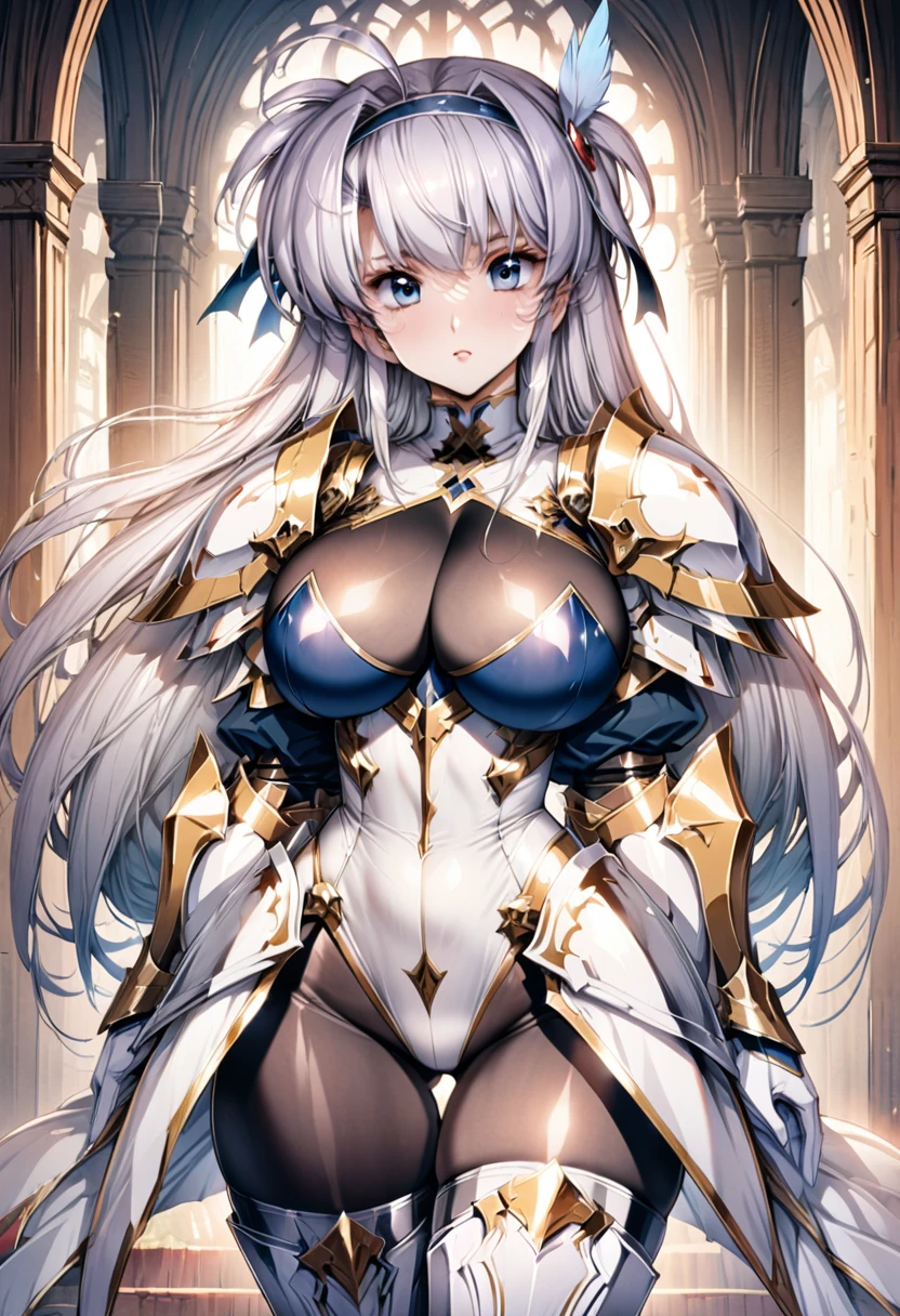 ((highest quality)), ((masterpiece)), ((hyperrealistic)), (Western-style castle), 1girl, ((curvy: 1.2)), perfect face, ((Shooting from the side)), ((Langrisser)), ((white latex high cut leotard: 1.5)), ((catsuit)), ((white shoulder armor)), ((long skirt)), (breastplate), gauntlet, gloves, silver hair straight hair, ahoge, (huge breasts: 1.5), (see-through cleavage cutout: 1.5), (see-through black pantyhose thigh: 1.3), (zettai ryouiki: 1.3), (armored thigh-high boot), ((wing hair band)), thigh gap, beautiful blue eyes, Perfect hands, perfect fingers,