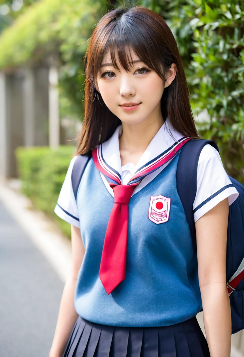 Japanese,7 years old,Innocent face,Teenage Girl,cute,Primary school students,private elementary school,uniform,Summer clothes,Are standing,Entrance ceremony,In front of the school gate,from the front,Close-up photo from the waist up,Twin tails,short hair,Hair Clip