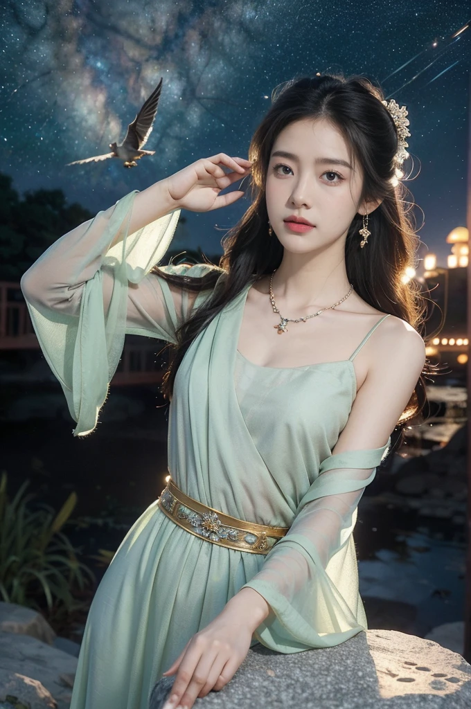 (((best quality))),(((ultra detailed))),(((masterpiece))),illustration,((1 beautiful girl,solo)),(shoulder length straight hair:1.2),((earrings,necklace)),((slim,thin)),((small breasts,flat chest)),(gorgeous see through red Hanfu:1.3),(standing:1.3),(on the stone arch bridge:1.3),((starry sky,the Milky Way,horizon)),elegance, grace, sophisticated updo, delicate hairpins, twinkling stars, radiant smile, bright eyes, wonder, beauty of the night sky, intricate patterns, flowers, birds, vibrant colors, ethereal, enchanting, old bridge, weathered, sturdy, natural surroundings, serene, peaceful atmosphere, rippling water, stars, graceful silhouette, magic, tranquility, twinkling stars, mesmerizing canopy of light, cool air, crisp, faint scent of blooming flowers, contemplation, admiration, ancient China, timeless, rich culture, traditions, captivating, enchanting atmosphere, myth, legend,((from front,upper body))