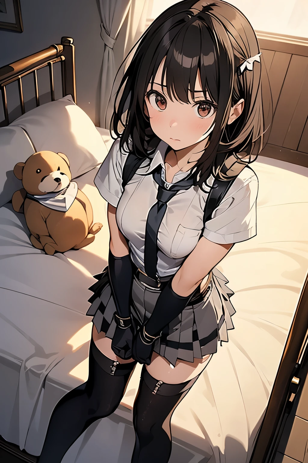 1 female, , high quality, masterpiece, Ultra-high resolution, , Cinema Lighting, , , And the suspenders with the cranes flying　　　Moderate breasts　 　 　　　　Large Breasts　 　 　　　　Small face　 　　　holster　　　　　　　 Lying in bed　Looking up　　　　Sweat 　　　belt　summer　脇Sweat 　Black Hole Gloves　suit　　　　 　garterbelt　Leg Links　ズボンにbelt　　holster　 　　Hands behind your back　 Anxious expression　Looking up　Anxious face　Knee-high　Knee socks　Knee-highソックス garterbelt　garter　ふとももにgarterbelt　Checkered mini skirt　Necktie Headband　ribbon