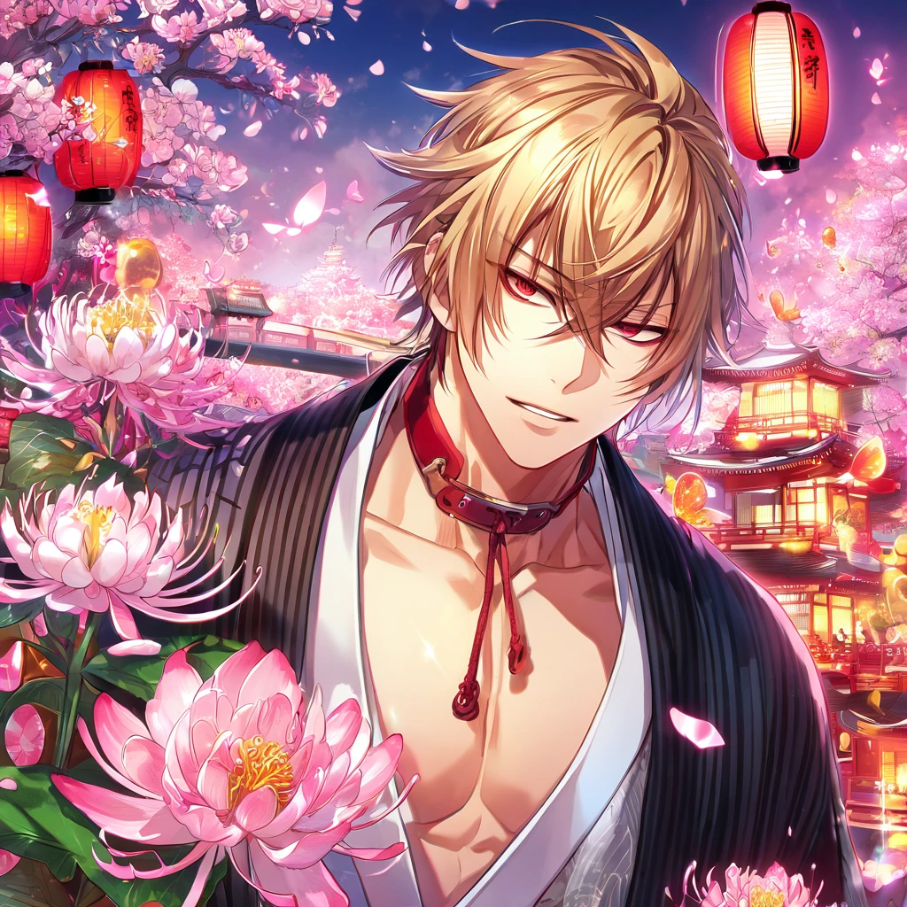 absurd resolution, high resolution, ultra detailed, detailed eyes, extremely detailed, HDR, 8K, Kazama Chikage, honey blonde hair, expressive red eyes, Hakuouki, solo, sexy man, handsome, black haori, white kimono, red collar, fantasy, cool, magical, pink glittering butterflies, pink dust flying around, pink spider lilies, pink petals, pink lanterns, Japanese ambiance, cherry blossoms