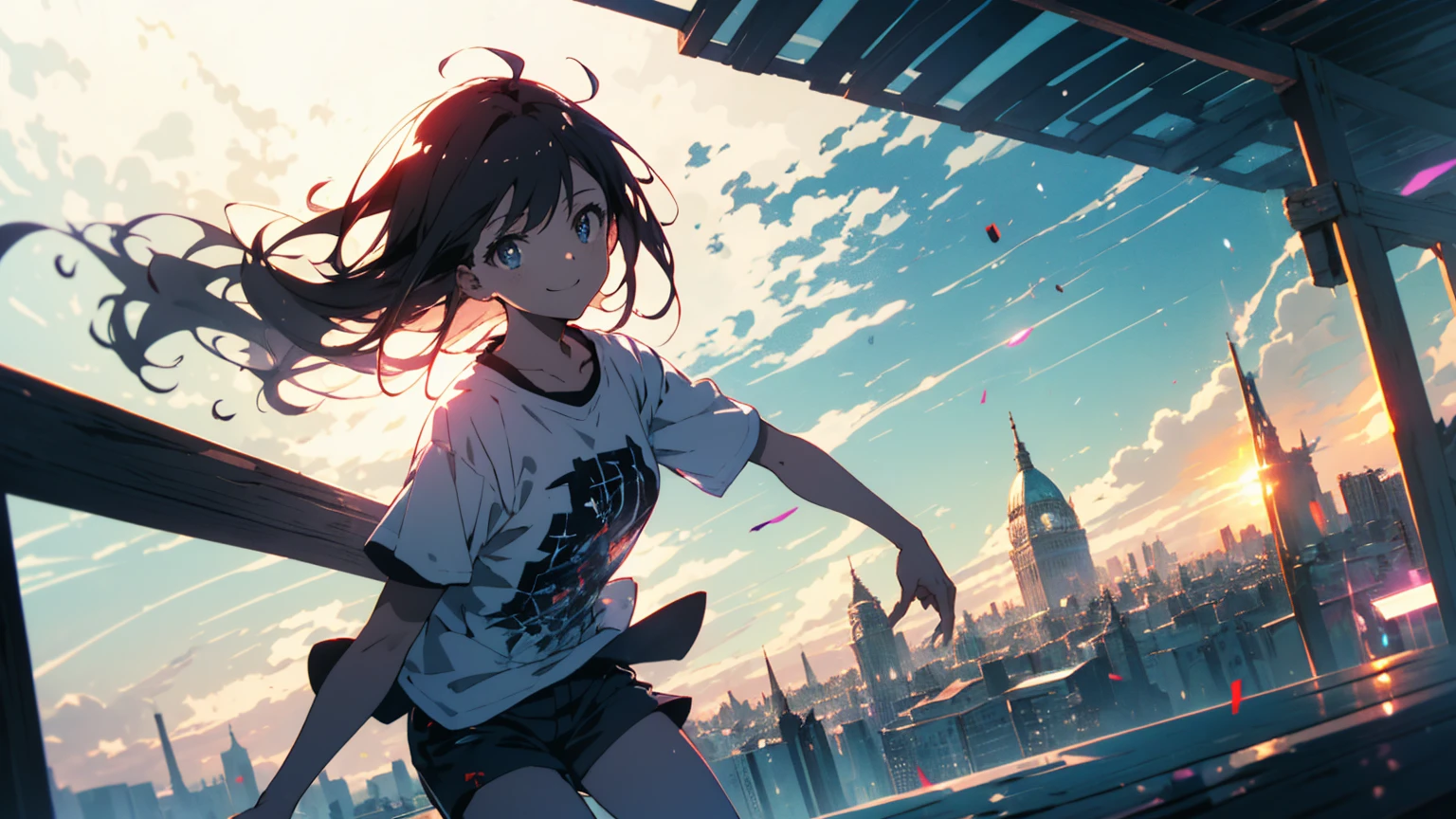 (Highest quality、masterpiece、High resolution、detailed)、(Shining Eyes、detailed美しい顔)、1 Girl、(T-Shirts,Shorts),smile,short boots,outskirts、Slope background、Beautiful Anime