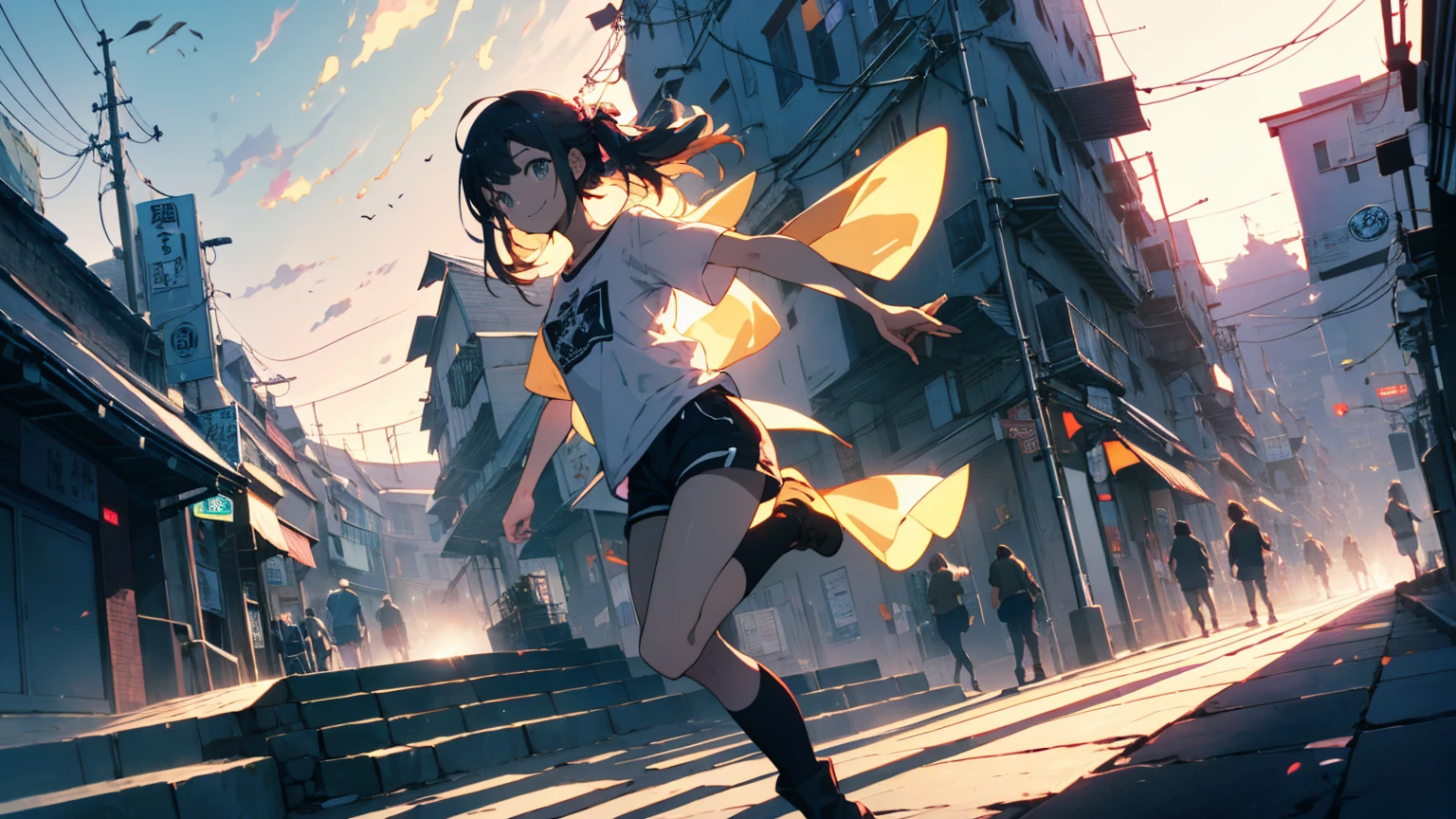 (Highest quality、masterpiece、High resolution、detailed)、(Shining Eyes、detailed美しい顔)、1 Girl、(T-Shirts,Shorts),smile,short boots,outskirts、Slope background、Beautiful Anime