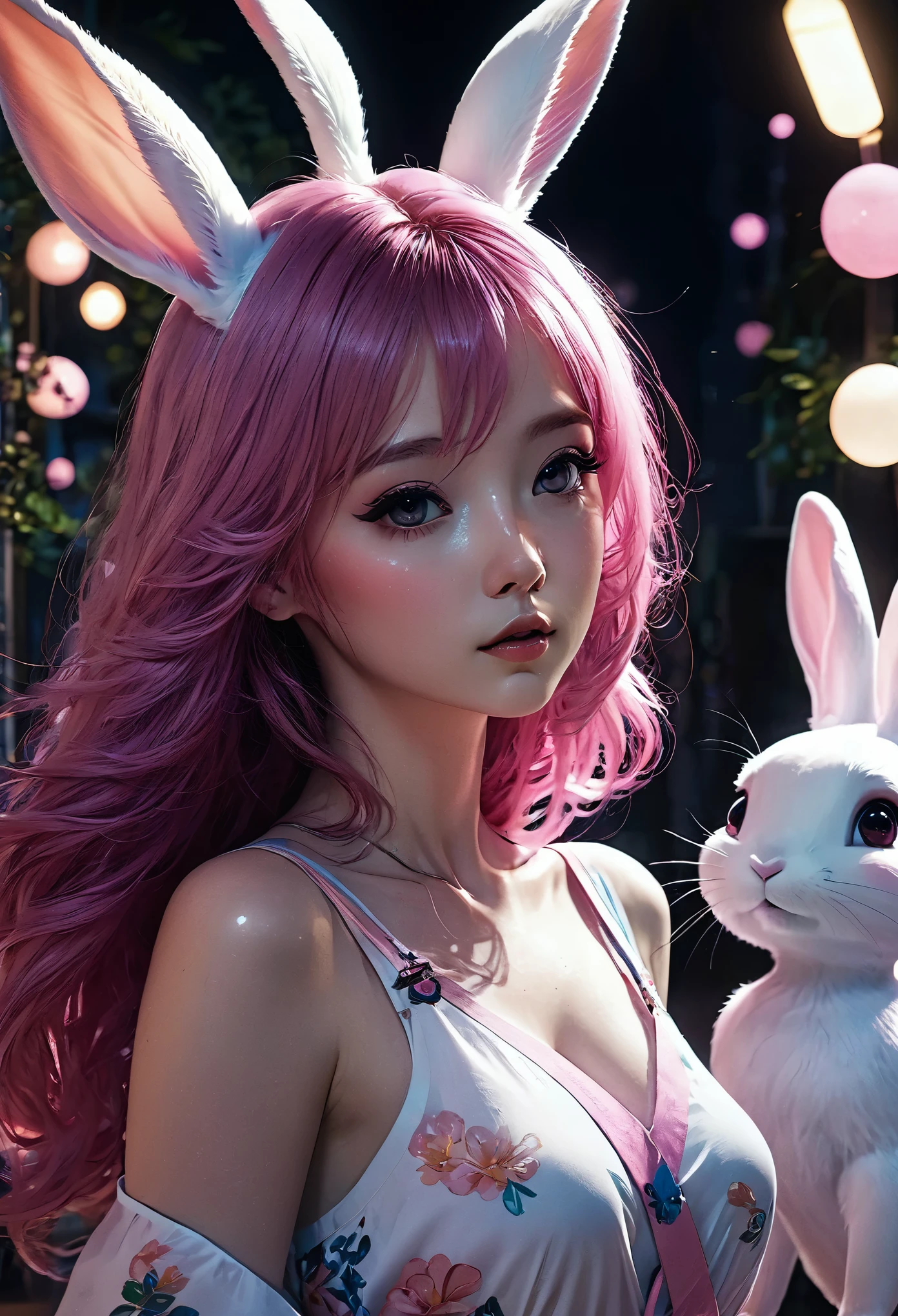 Cute sexy girl, Pink Hair, Bunny Girl, Surreal, Detailed lighting, Japanese Animation