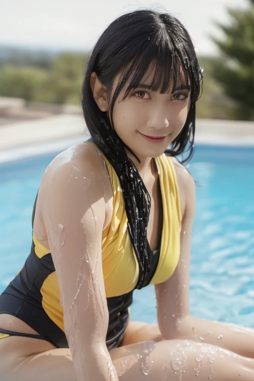 (Best Quality, 8k, Masterpiece: 1.3), Gorgeous Woman, 1 Girl, (Yellow One-Piece Swimsuit: 1.2) (Skinny, Healthy, Perfect Body: 1.2), abs: 1.1, Dark Brown Hair: 1.1, (Rain Wet, Wet Body: 1.2), (Night Pool Room: 1.6) Ultra-detailed face, detailed lips, detailed eyes, double eyelids　pubic hair tanned skin　Short Bob　Trimmed bangs, shy smile